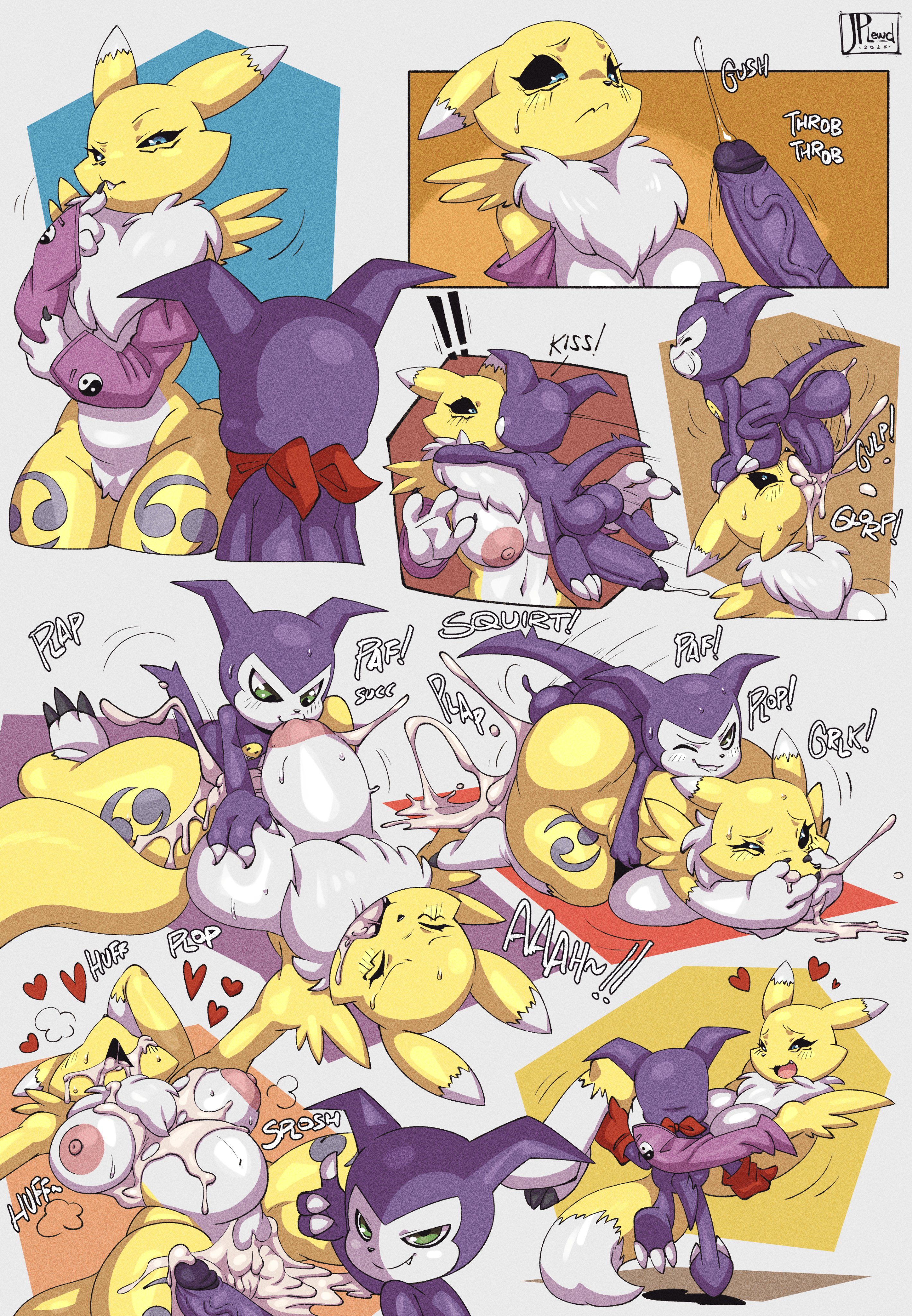 2023, after sex, breast sucking, breastfeeding, breastfeeding during sex, breasts, copyright request, cum, digimon, face fucking, female, furry, impmon, joaoppereiraus, kissing, male, monster boy, no humans, nude, outside, penetration, penis, pornography, renamon, sex, throat fuck, thrusting, thrusting into mouth