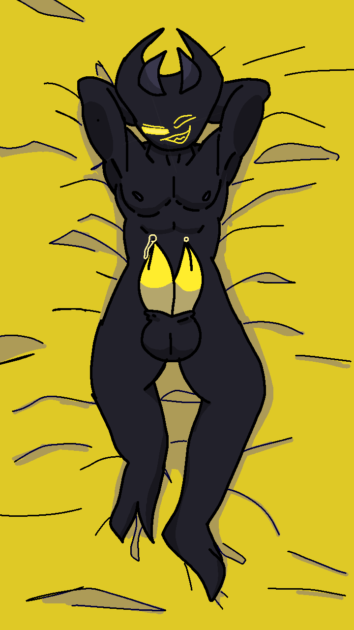 2_penises body_pillow demon diphallia diphallism echo_(oc) horns multi_penis non-human non-human_only penis showing_off toony unusual_penis yellow_background yellow_eyes