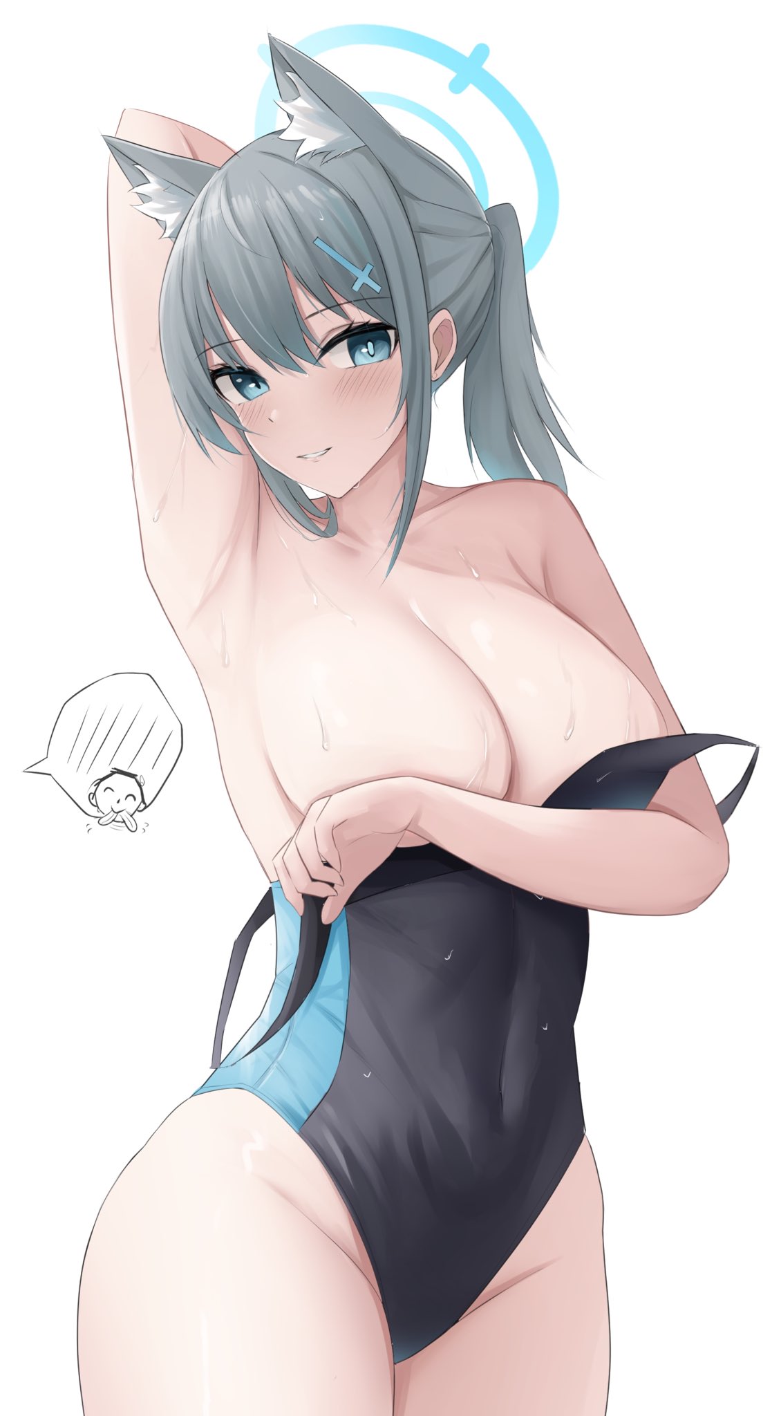 abydos_high_school_student alternate_breast_size armpits arona's_sensei_doodle_(blue_archive) blue_archive competition_swimsuit cowboy_shot foreclosure_task_force_(blue_archive) heterochromatic_pupils huge_breasts licking presenting_armpit presenting_breasts removing_swimsuit seductive shiroko_(blue_archive) shiroko_(swimsuit)_(blue_archive) showing_breasts swimsuit wet white_pupil wolf_ears