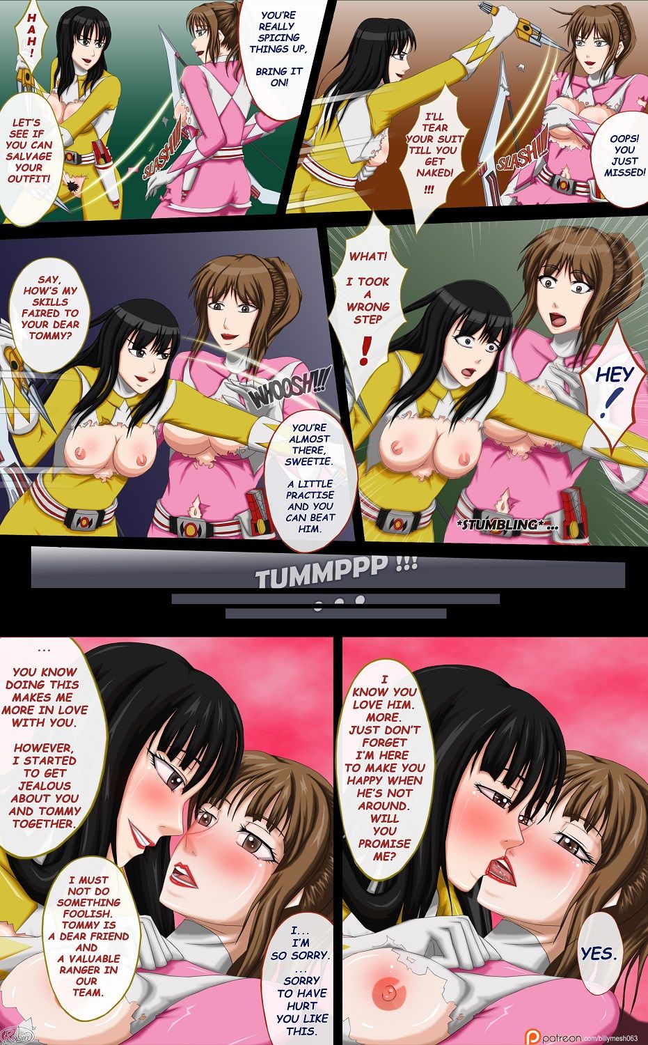 2girls billymesh063 black_eyes black_hair blush breasts brown_eyes brown_hair clothes_ripping comic dialogue exposed_breasts exposed_pussy kimberly_hart kissing multiple_girls pink_ranger power_rangers pubic_hair ripped_chest_area ripped_clothing ripped_crotch_area ripping_clothing speech_bubble tearing_clothes text torn_clothes torn_clothing trini_kwan yellow_ranger yuri