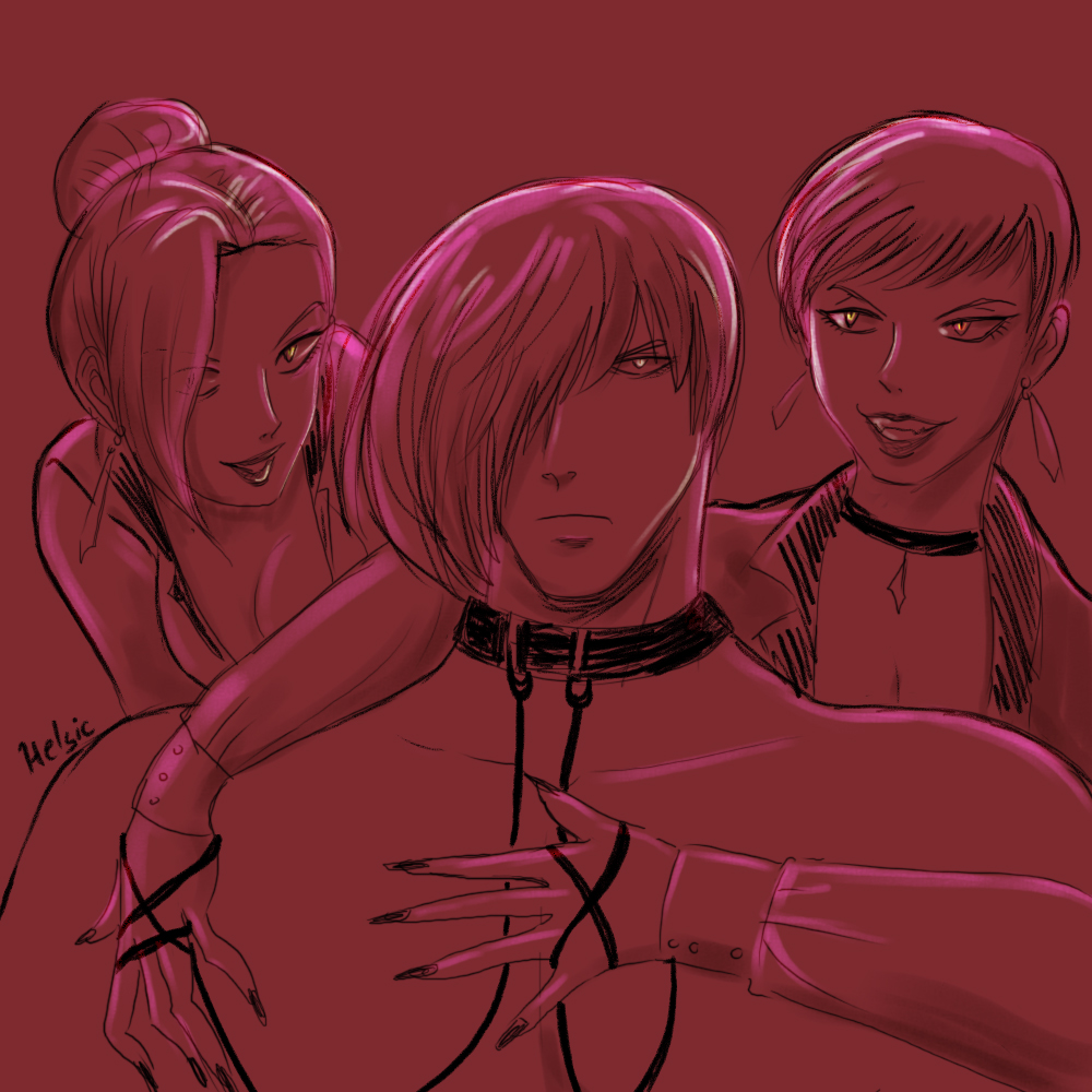 1boy 2girls big_breasts choker cleavage collar earrings hair_over_one_eye hair_tied hand_on_chest helsic imminent iori_yagami king_of_fighters long_hair mature_(kof) nail_polish necklace purple_light red_background short_hair smile snake_eyes snk vice_(kof)