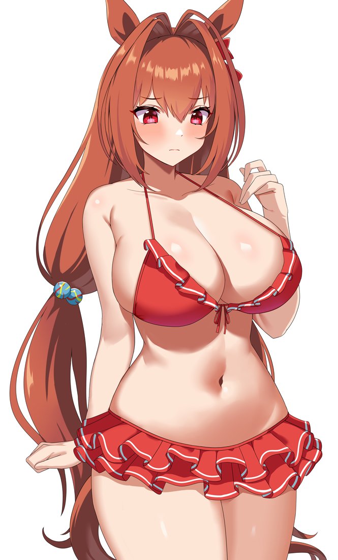 blush, breasts, daiwa scarlet (umamusume), embarrassed, female, frilled bikini, gigantic breasts, growing, umamusume