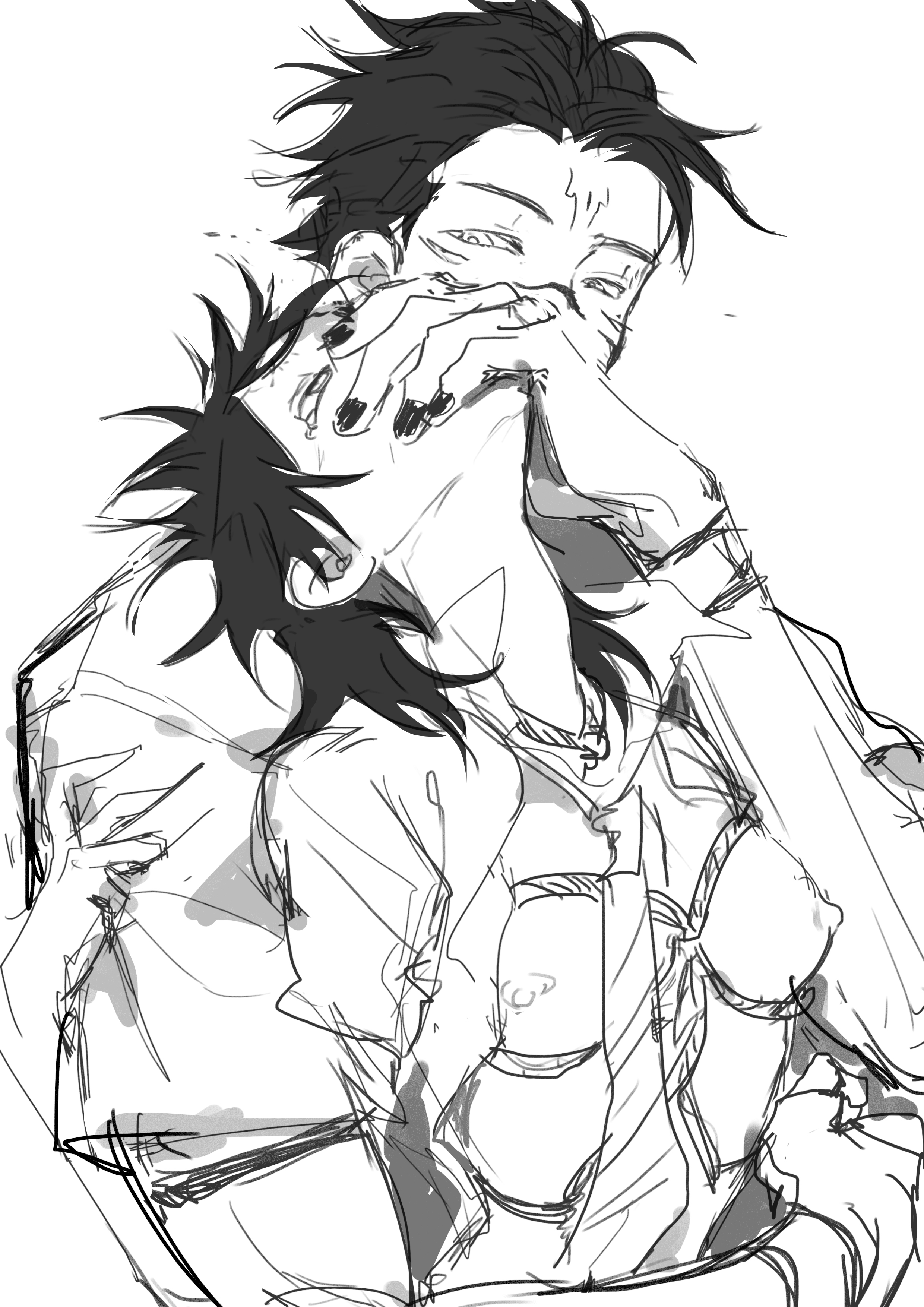 140wwwei, 1boy, 1girls, bondage, bound, breasts, covering mouth, facial tattoo, female, fushiguro megumi, hand over another's mouth, jujutsu kaisen, male, medium breasts, monochrome, multi eye, nail polish, nipples, restrained, rolling eyes, rule 63, ryoumen sukuna (jujutsu kaisen), school uniform, short sleeves, straight, tattoo