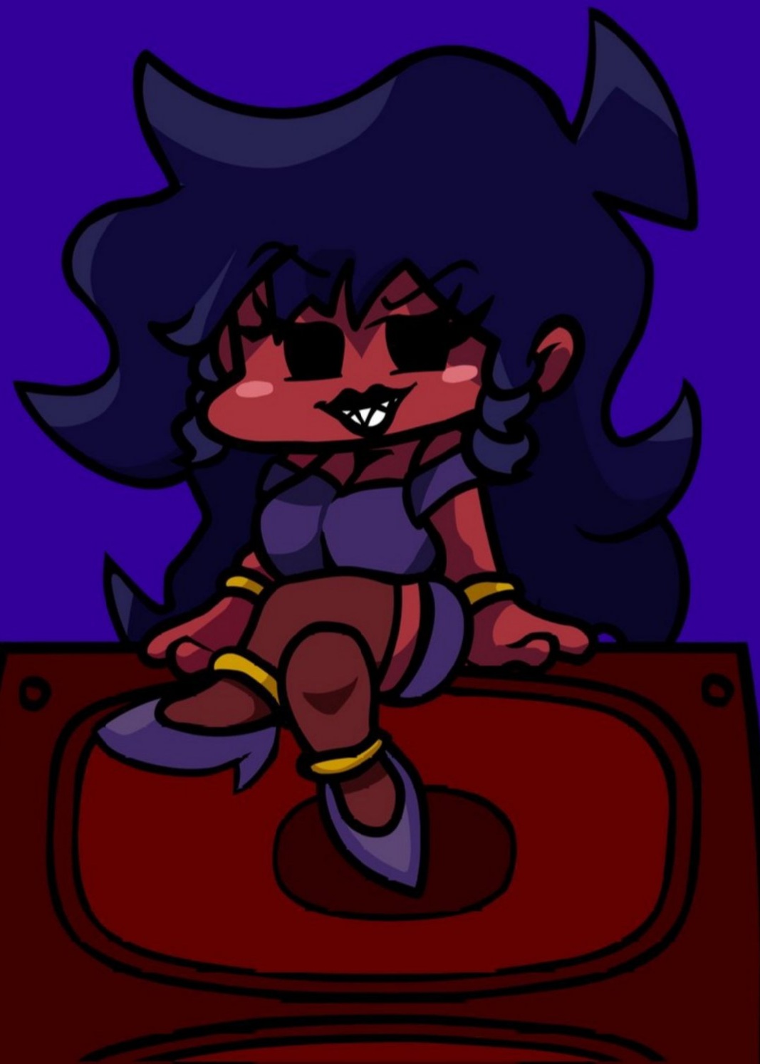 big_breasts bracelets cute demon_girl female female_only friday_night_funkin friday_night_funkin_(hellbeats) girlfriend_(friday_night_funkin) hellbeats_gf_(friday_night_funkin) horny indigo_dress indigo_hair long_hair red_skin sharp_teeth sitting smile smug solo