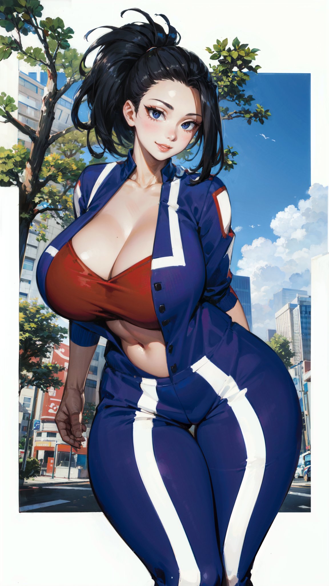 1girls, ai generated, belly, black hair, blush, boku no hero academia, breasts, cleavage, collarbone, curvaceous, curvy body, curvy female, female, female focus, female only, gym uniform, hourglass figure, huge breasts, large breasts, long hair, momo yaoyorozu, my hero academia, navel, open clothes, ponytail, school uniform, schoolgirl, seductive look, sports bra, sportswear, stable diffusion, striped clothing, thigh gap, voluptuous female, wide hips, yaoyorozu momo
