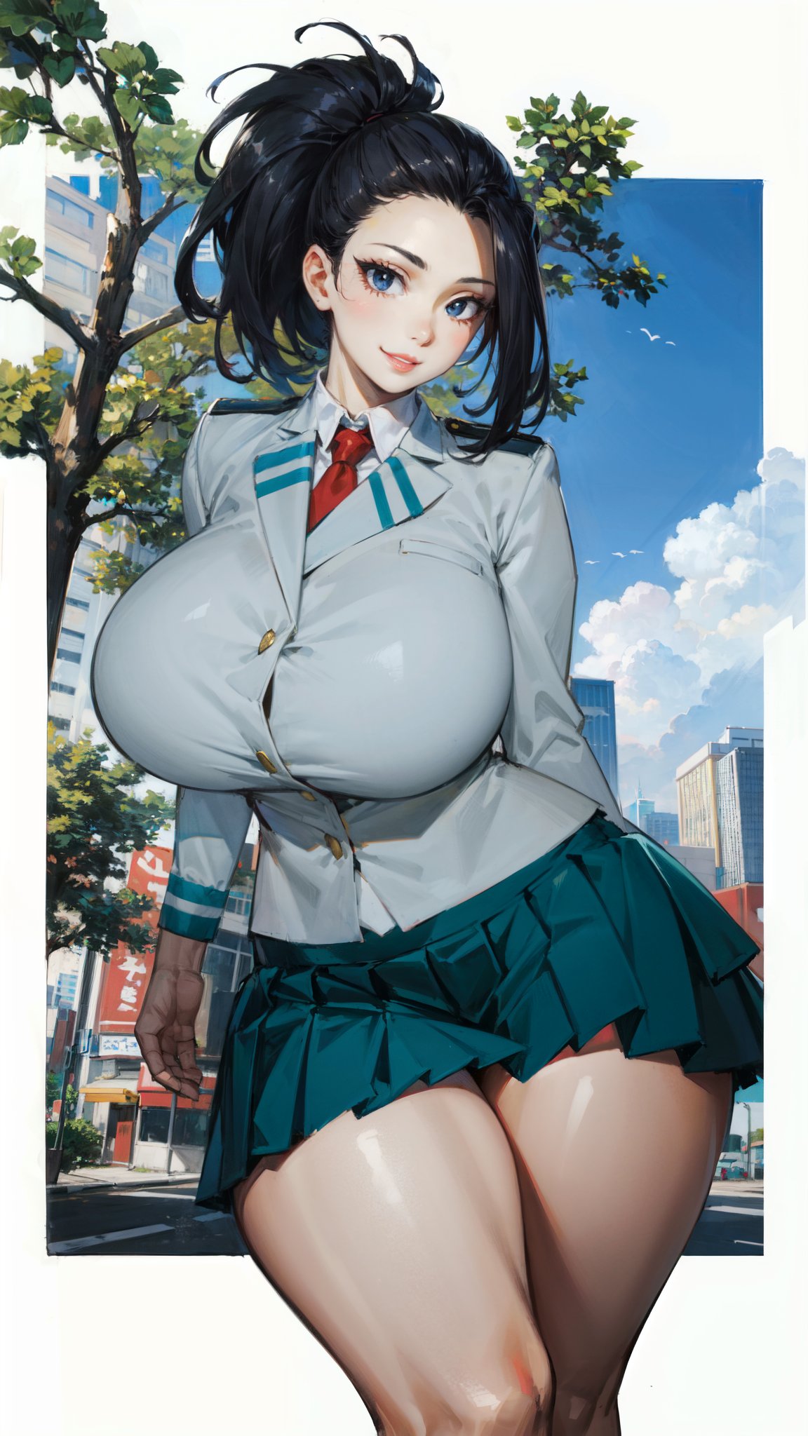 1girls, ai generated, alternate version available, boku no hero academia, breasts, curvaceous, curvy body, curvy female, curvy figure, female, female focus, female only, huge breasts, momo yaoyorozu, my hero academia, school uniform, schoolgirl, seductive look, stable diffusion, voluptuous, voluptuous female, yaoyorozu momo