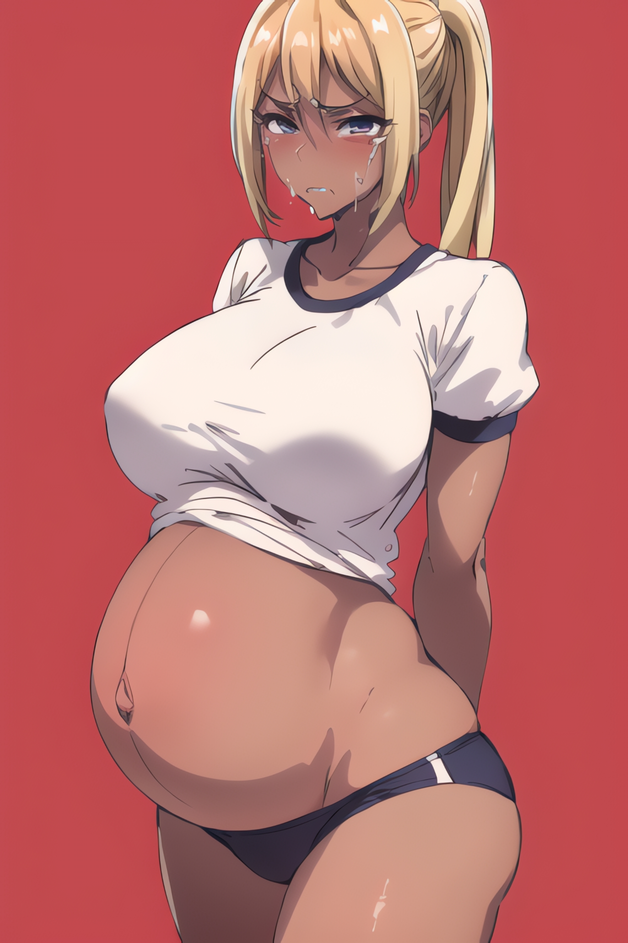 1girls, ai generated, bertrand (kamikatsu), big breasts, blonde hair, breasts, crying, dark skin, dark-skinned female, female, gym uniform, kaminaki sekai no kamisama katsudou, pregnant, rule 63, solo, tears