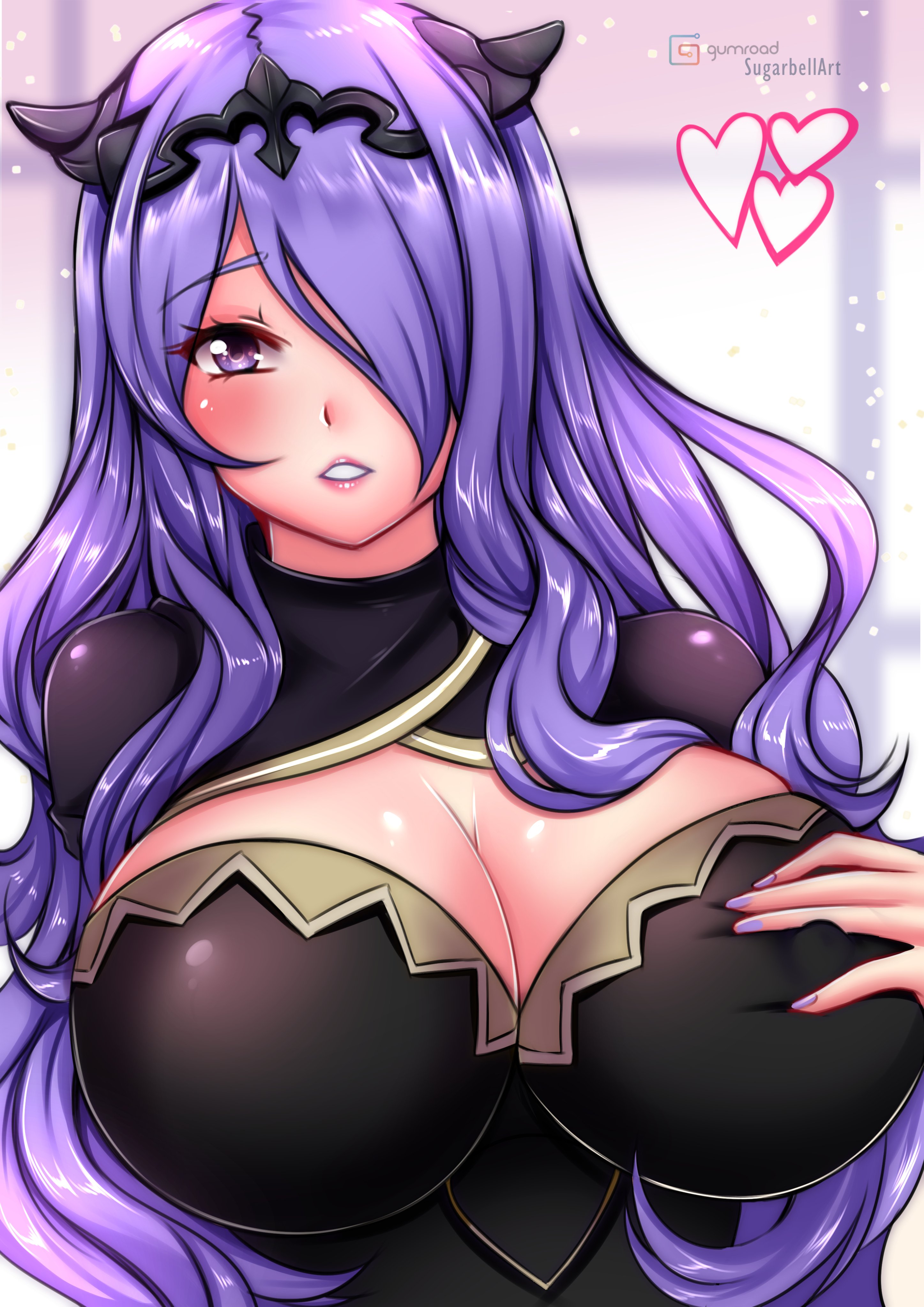 1girls, 2023, bangs, big breasts, black clothing, black horns, black tiara, blush, breasts, busty, camilla (fire emblem), fanart, female, female only, fire emblem, fire emblem fates, gold trim, grabbing own breast, groping breasts, hair over one eye, headwear, heart, large breasts, long hair, looking at viewer, nintendo, nipples visible through clothing, parted lips, pink lips, purple eyebrows, purple eyes, purple hair, purple nail polish, purple nails, smile, solo, sugarbell, voluptuous, wavy hair