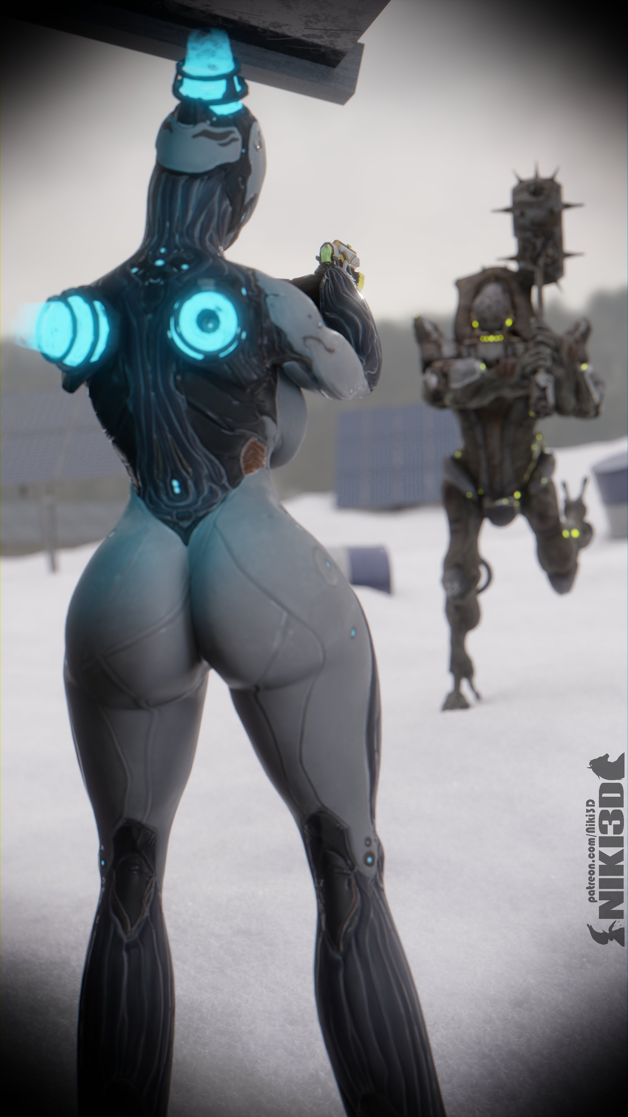 1boy, 1girls, 3d, 3d (artwork), ass, breasts, female, hips, holding weapon, large ass, large breasts, male, niki3d, nova (warframe), thighs, warframe, wide hips