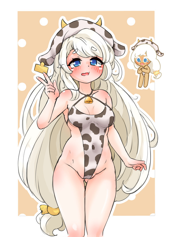 1girls 2023 animal_print animal_print_swimwear bathing_suit cookie_run cookie_run_kingdom cookie_run_ovenbreak cow_print cowbell cream_puff_cookie female hi_res one-piece_swimsuit very_long_hair