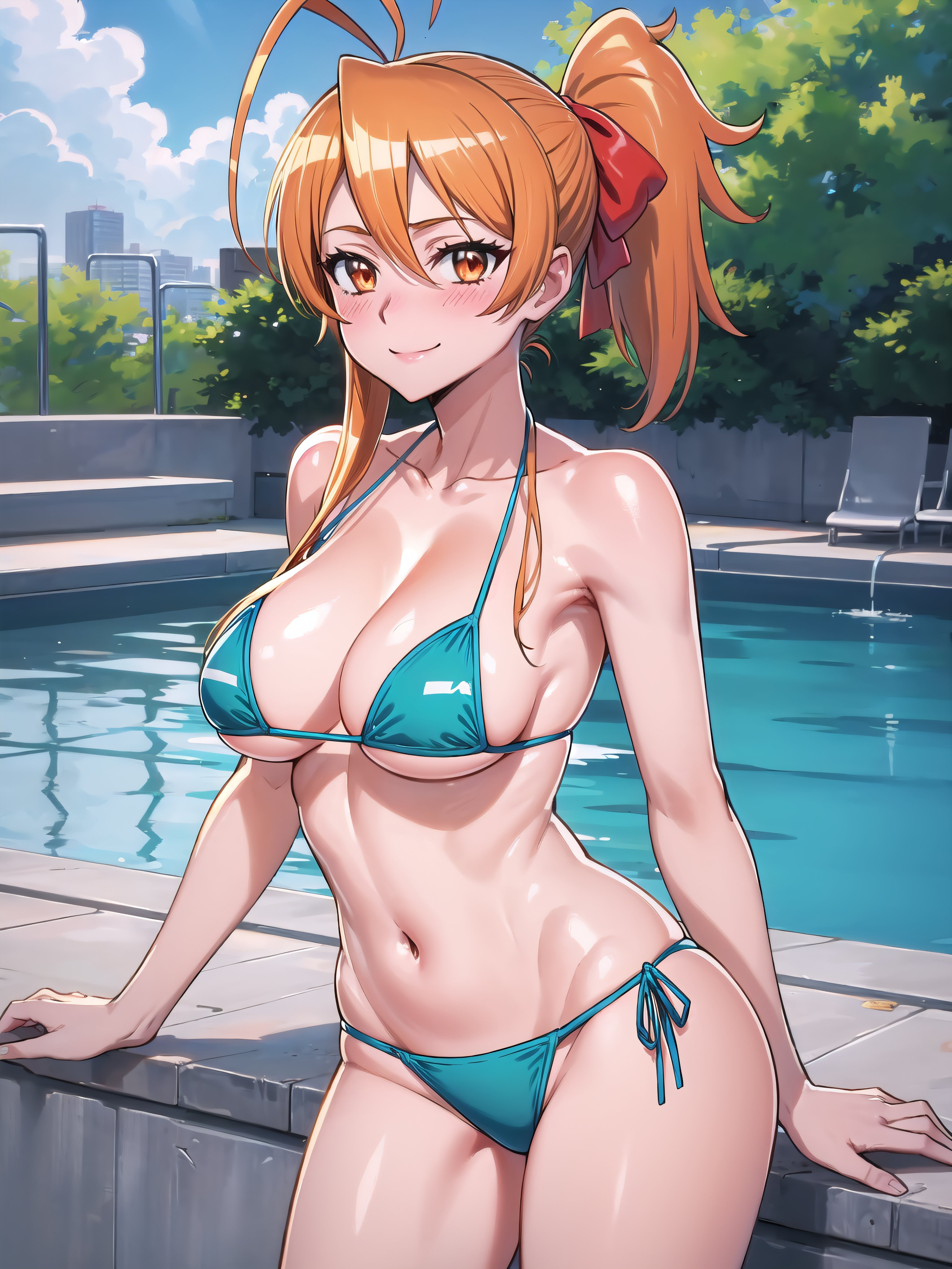 1girls, ai generated, artist request, big breasts, bikini, breasts, busty, cleavage, female, female only, hair ribbon, highschool of the dead, large breasts, legs, looking at viewer, navel, orange hair, ponytail, pool, rei miyamoto, smile, solo, thighs, water