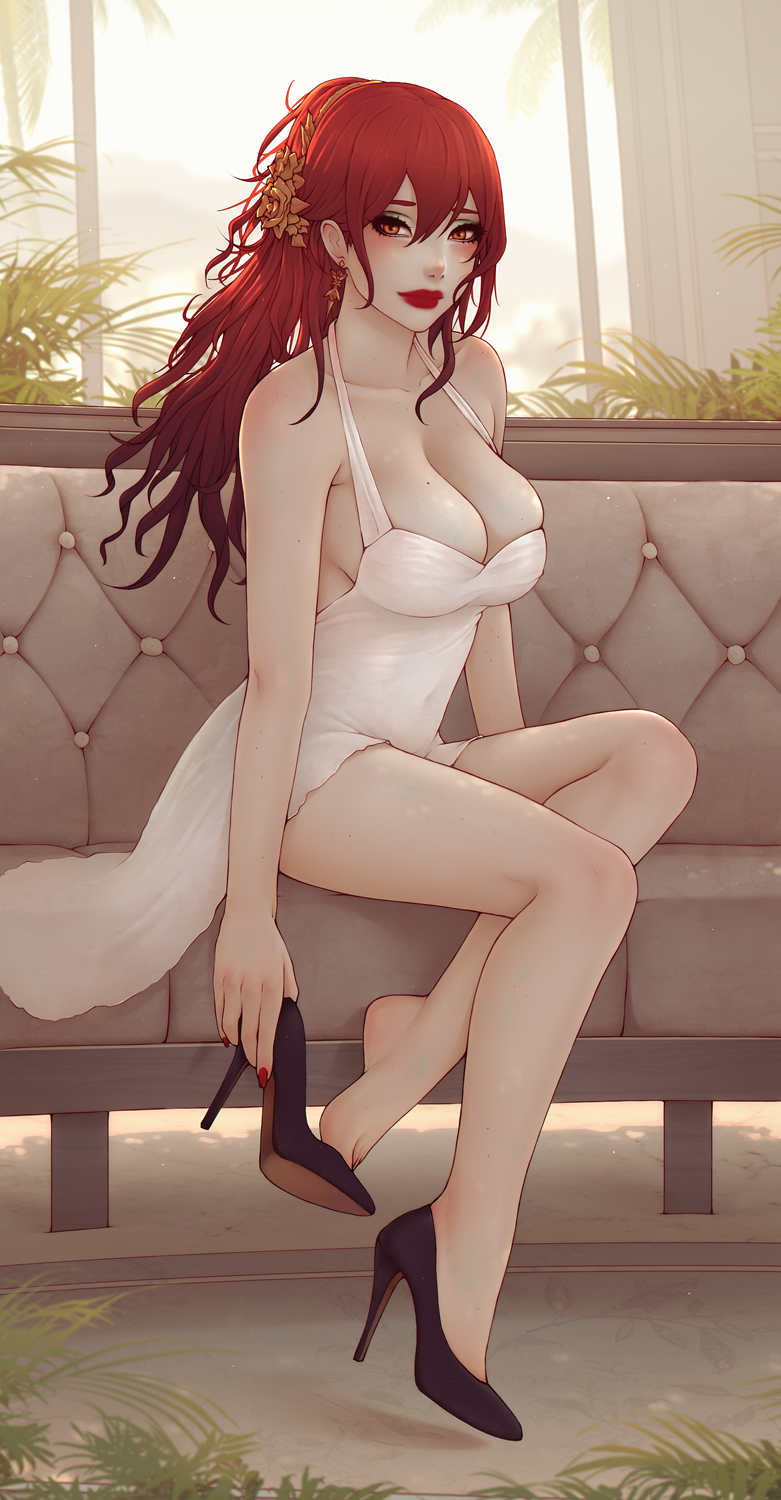 1girls, breasts, cleavage, dress, earrings, eyeshadow, female, female only, flower ornament, hair between eyes, hair ornament, high heels, highres, himeko (honkai: star rail), honkai: star rail, jewelry, large breasts, lipstick, long hair, looking at viewer, makeup, mole on breast, nail polish, red eyes, red hair, red lips, sitting, solo, soranamae, white dress