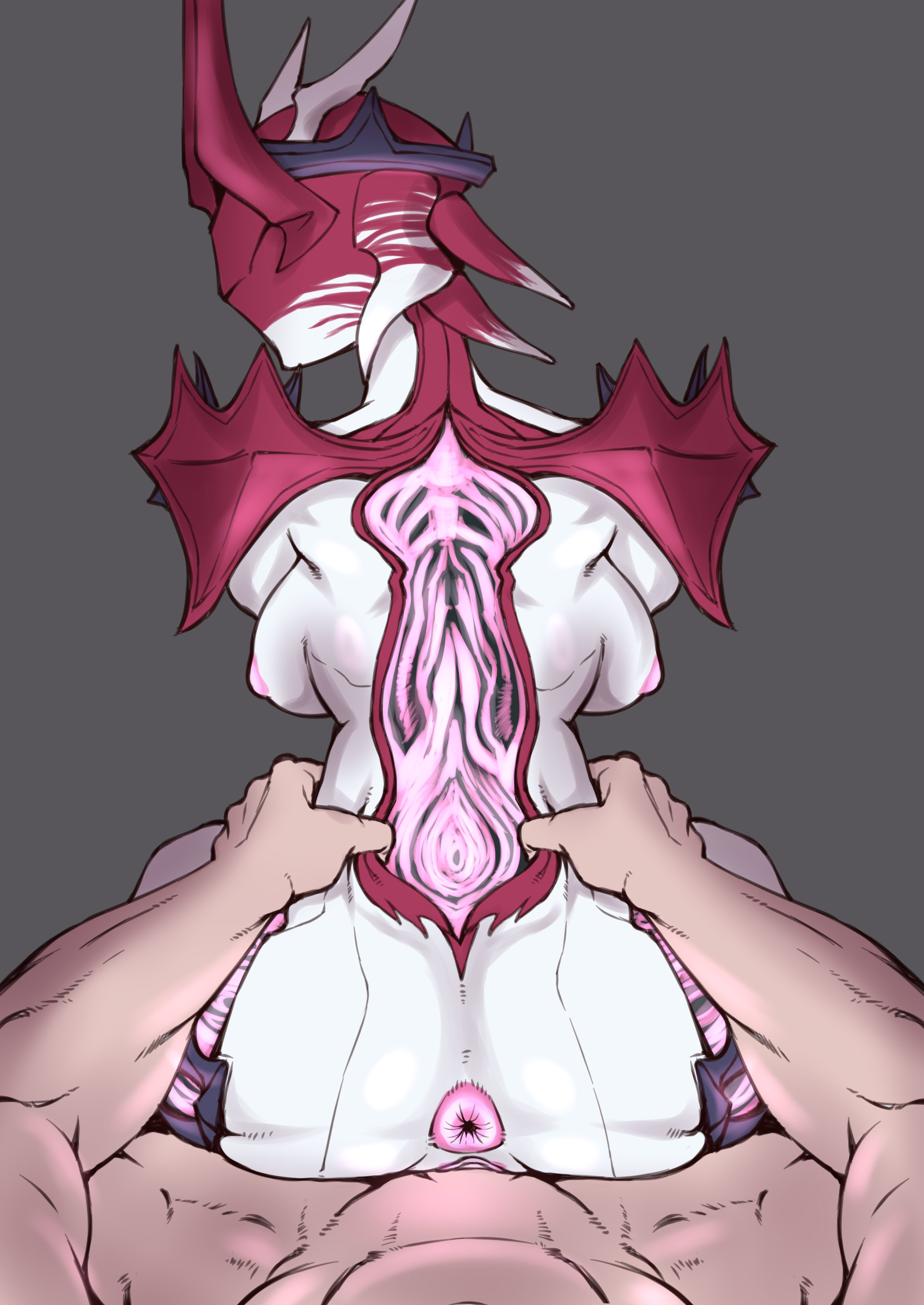 1boy, 1girls, anus, areolae, ass, athletic, athletic female, breasts, ebonyxh, ember (warframe), ember pyraxis (warframe), erection, female, from behind, human, human penetrating, human/robot, light skin, light-skinned male, male, medium breasts, nipples, penis, pov, puffy anus, pussy, robot, robot girl, sex, simple background, straight, thighs, vagina, warframe