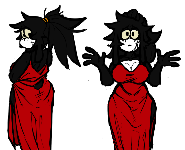 1girls anthro anthro_only black_body black_fur bottom_heavy edna_(scared_bum) female female_focus female_only ghastlybum messy_hair oc original_character ponytail red_dress scared_bum stubby_tail tagme tail