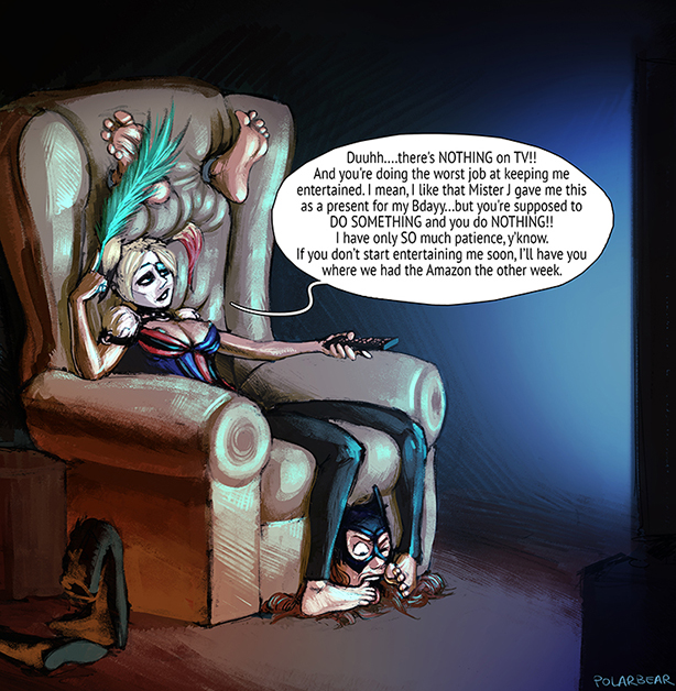 2d 2girls 5_toes armchair artist_name barbara_gordon barefoot batgirl batman:_arkham_knight batman_(series) bondage boots boots_removed bored breasts captured captured_superheroine chair cleavage clothed clothed_female clothing dark_room dc dc_comics dialogue distracted domination duo english_text facepaint feather feet female female_only femdom femsub foot_domination foot_fetish foot_worship footwear footwear_removed forced forniphilia harley_quinn holding_feather holding_object house human_furniture indoors lezdom licking licking_foot light-skinned_female light_skin living_room makeup mask multiple_girls nipple_slip on_chair one_eye_closed partially_clothed polarbearnsfw shoes shoes_removed shouting sitting soles speech_bubble stuck stuck_in_chair submissive television text tickle_torture tickling tickling_feet watching_tv yuri