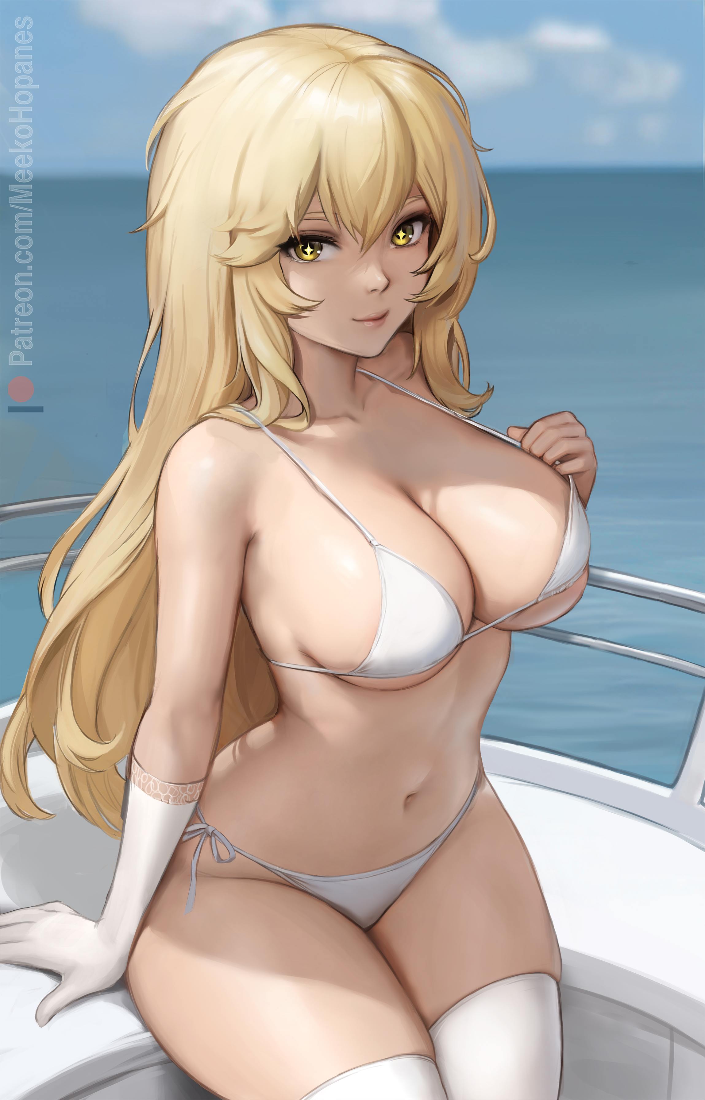 1girls, absurd res, alternate version available, bikini, blonde hair, breasts, cleavage, curvaceous, curvy body, curvy female, curvy figure, female, female focus, female only, gloves, huge breasts, long hair, meekohopanes, revealing clothes, seductive look, shokuhou misaki, skimpy clothes, solo, stockings, to aru kagaku no railgun, to aru majutsu no index