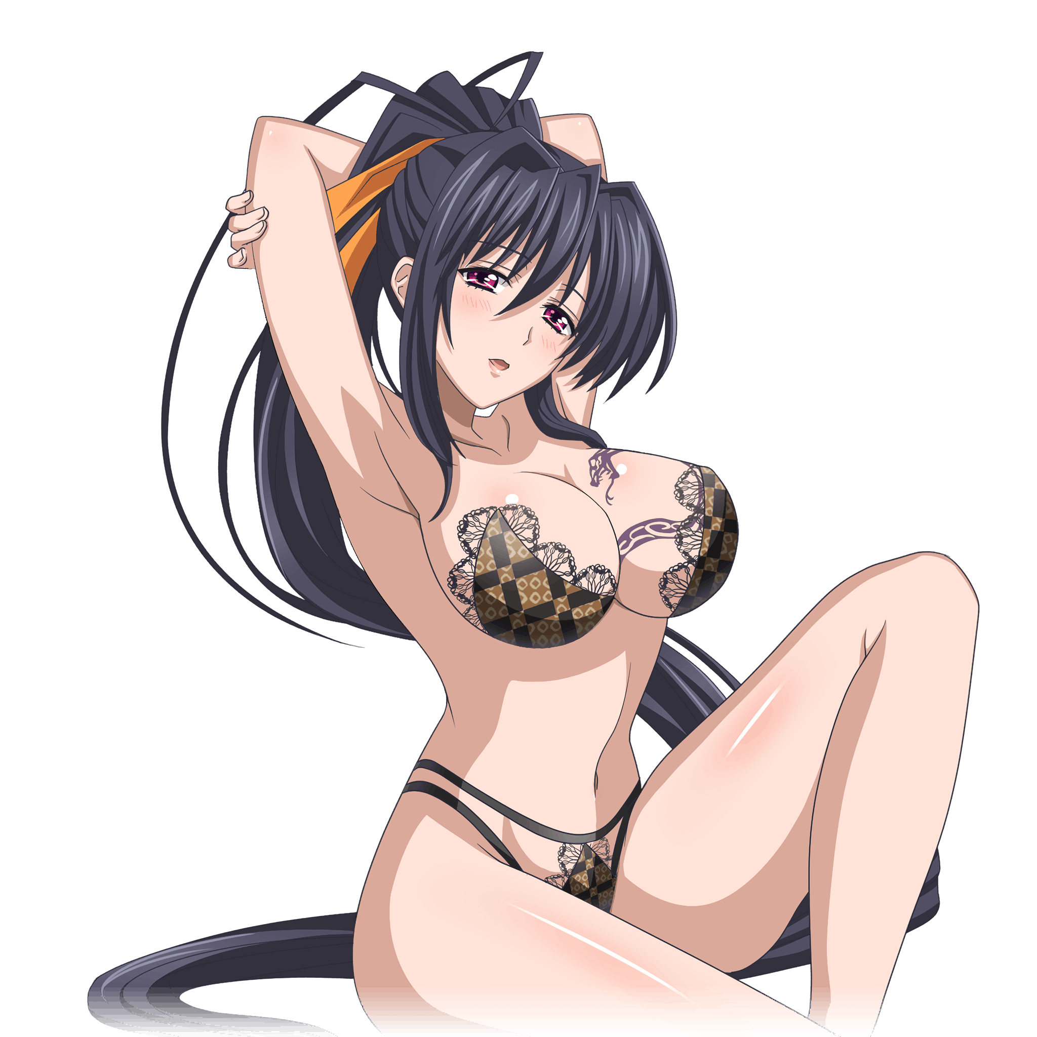 1girls, akeno himejima, armpits, arms behind head, big breasts, black hair, bra, breasts, busty, cleavage, female, female only, hi res, high school dxd, large breasts, legs, long hair, looking at viewer, navel, panties, ponytail, pose, posing, purple eyes, seductive smile, sensual, sexy armpits, sitting, smile, solo, thighs, transparent background, underwear