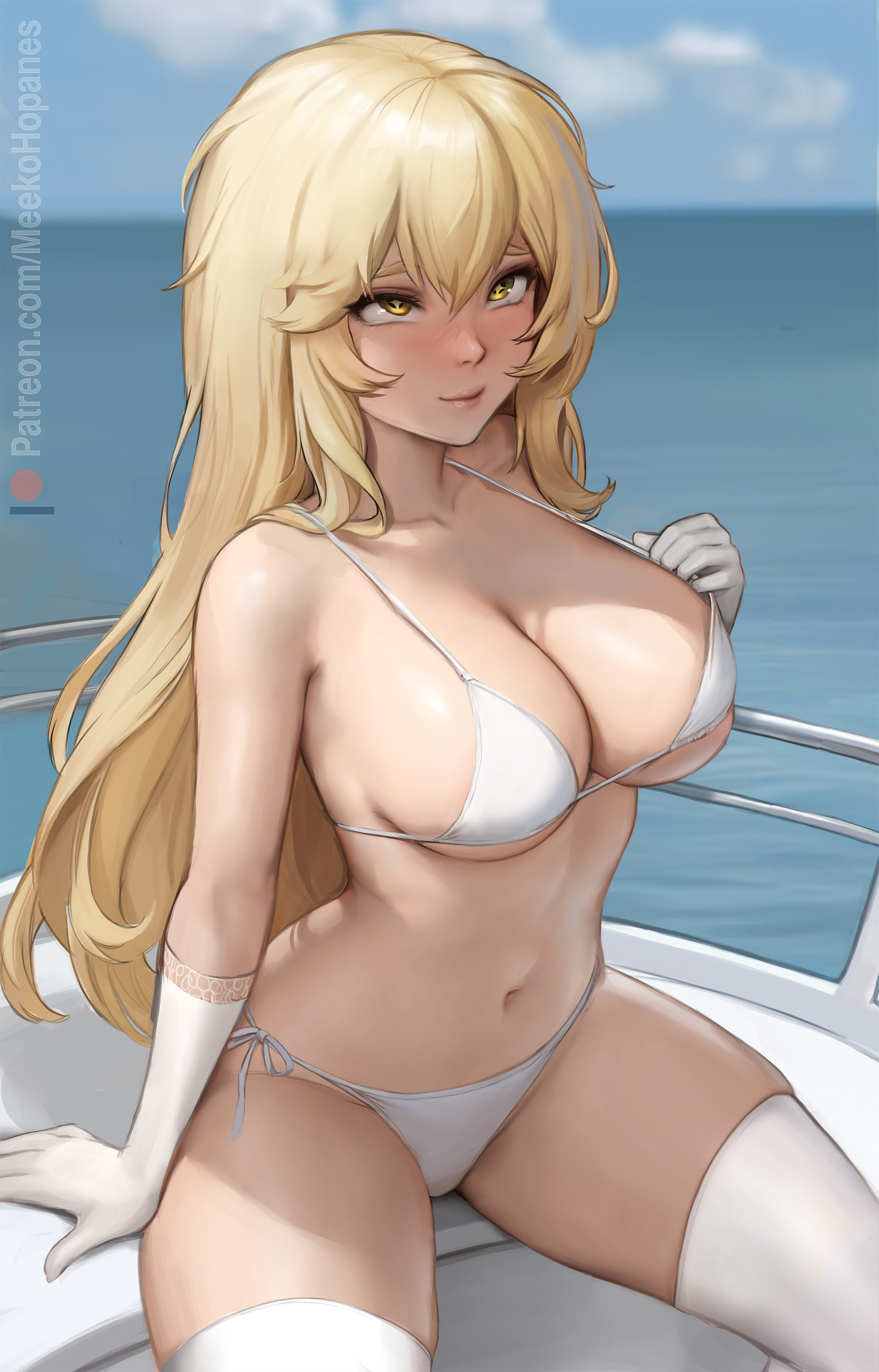 1girls, absurd res, bikini, blonde hair, breasts, cleavage, curvy body, curvy female, curvy figure, female, female focus, female only, huge breasts, long hair, looking at viewer, meekohopanes, revealing clothes, seductive look, shokuhou misaki, skimpy clothes, solo, solo focus, stockings, to aru kagaku no railgun, to aru majutsu no index, voluptuous, voluptuous female