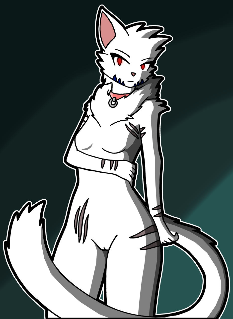 anthro blue_stripes breasts collar felid feline female fur genitals glowing glowing_eyes hi_res mammal miksu4542 neck_tuft one_ear pussy red_eyes scar scars_all_over small_breasts solo stripes tuft white_body white_fur