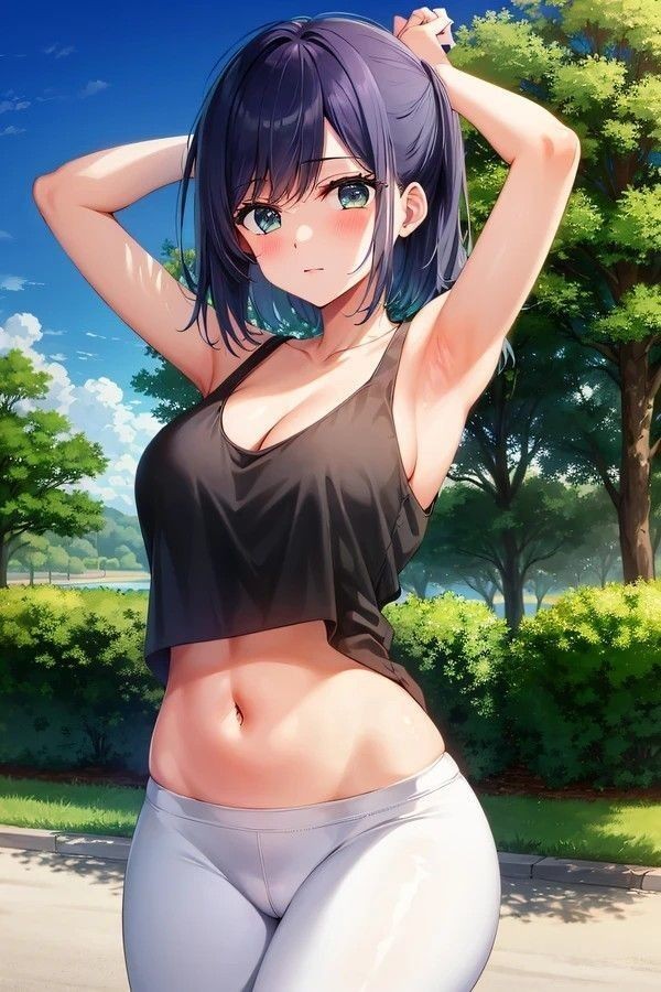 abs, ai generated, armpits, arms behind head, arms up, belly, blue eyes, blue hair, blush, breasts, cameltoe, cleavage, collarbone, crop top, female, gym uniform, hip bones, hips, kurokawa akane, large breasts, loose clothes, medium breasts, midriff, navel, oshi no ko, outside, perky breasts, ponytail, pussy, round breasts, sideboob, skindentation, sportswear, tank top, thighs, tight clothing, tight fit, workout clothes, yoga pants