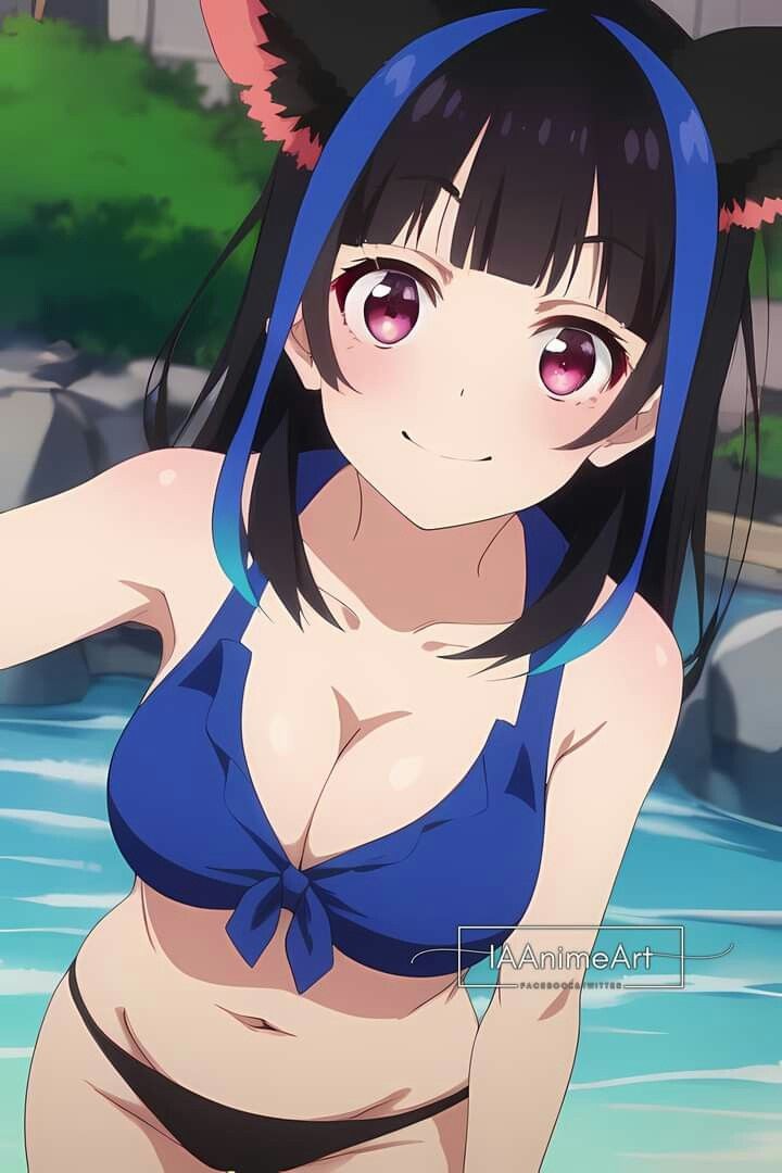 ai generated, bikini, black hair, breasts, cat ears, female, kanojo okarishimasu, purple eyes, tagme, yaemori mini