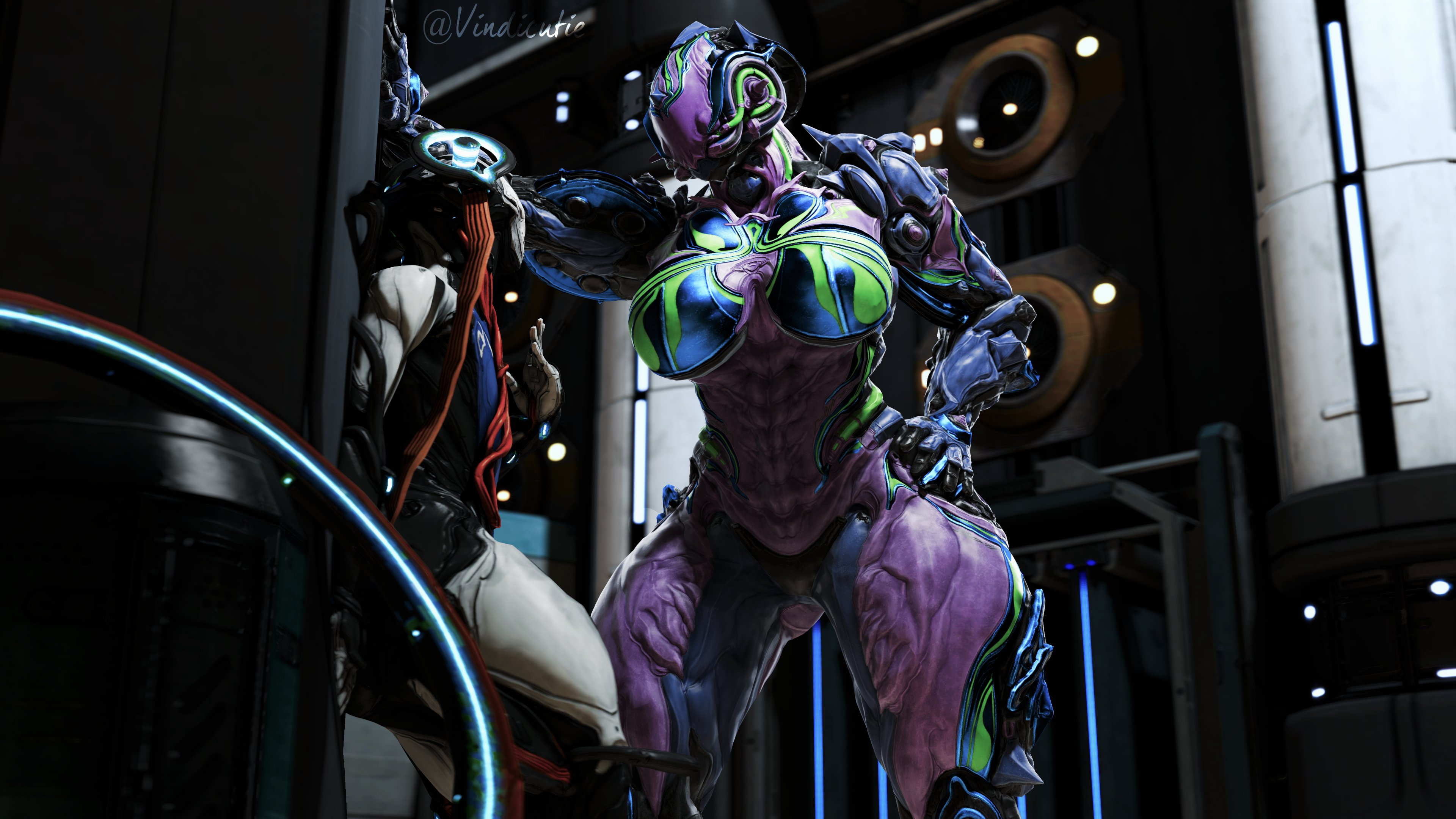 1boy, 1girls, 3d, 3d (artwork), abs, breasts, female, femboy, femboy on female, hildryn (warframe), hips, huge breasts, large breasts, larger male, male, muscular, muscular female, nezha (warframe), straight, thick thighs, thighs, vindicate, warframe