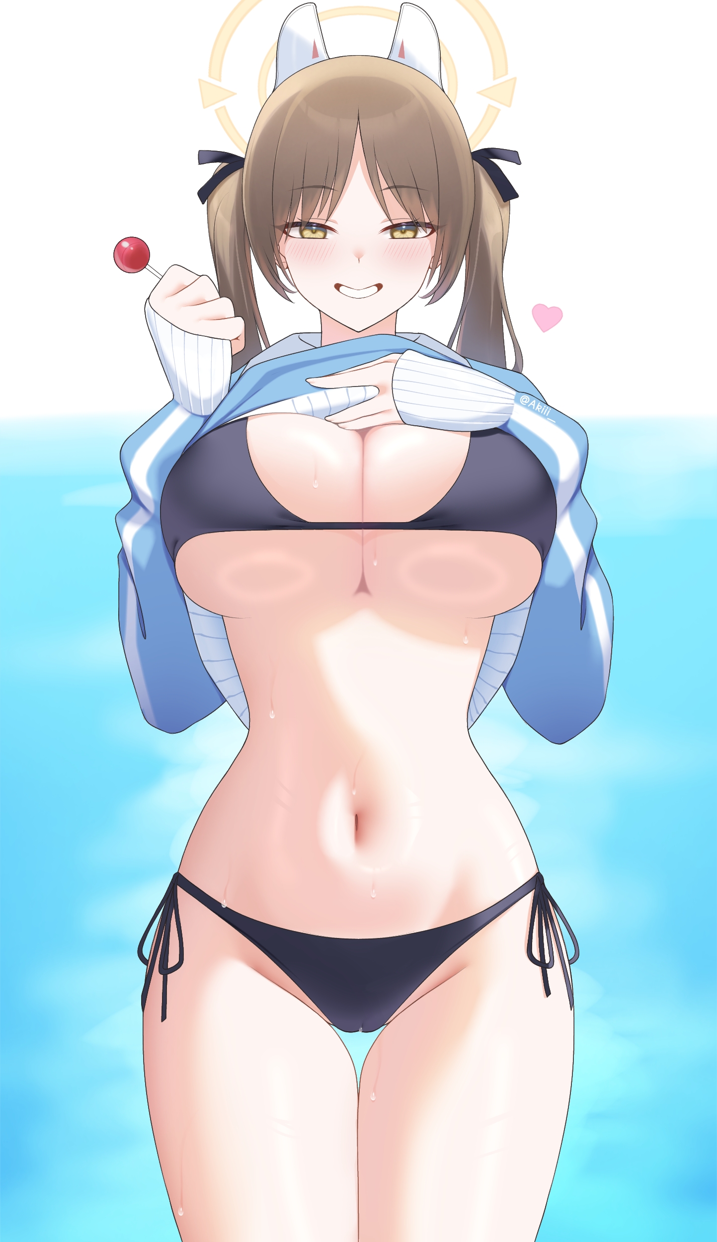 1girls, akimonmon01, big breasts, bikini, blue archive, breasts, busty, curvaceous, curvy, curvy body, curvy female, curvy figure, female, huge breasts, large breasts, lollipop, moe (blue archive), rabbit squad (blue archive), srt special academy student, sweater, sweater lift, twintails, voluptuous
