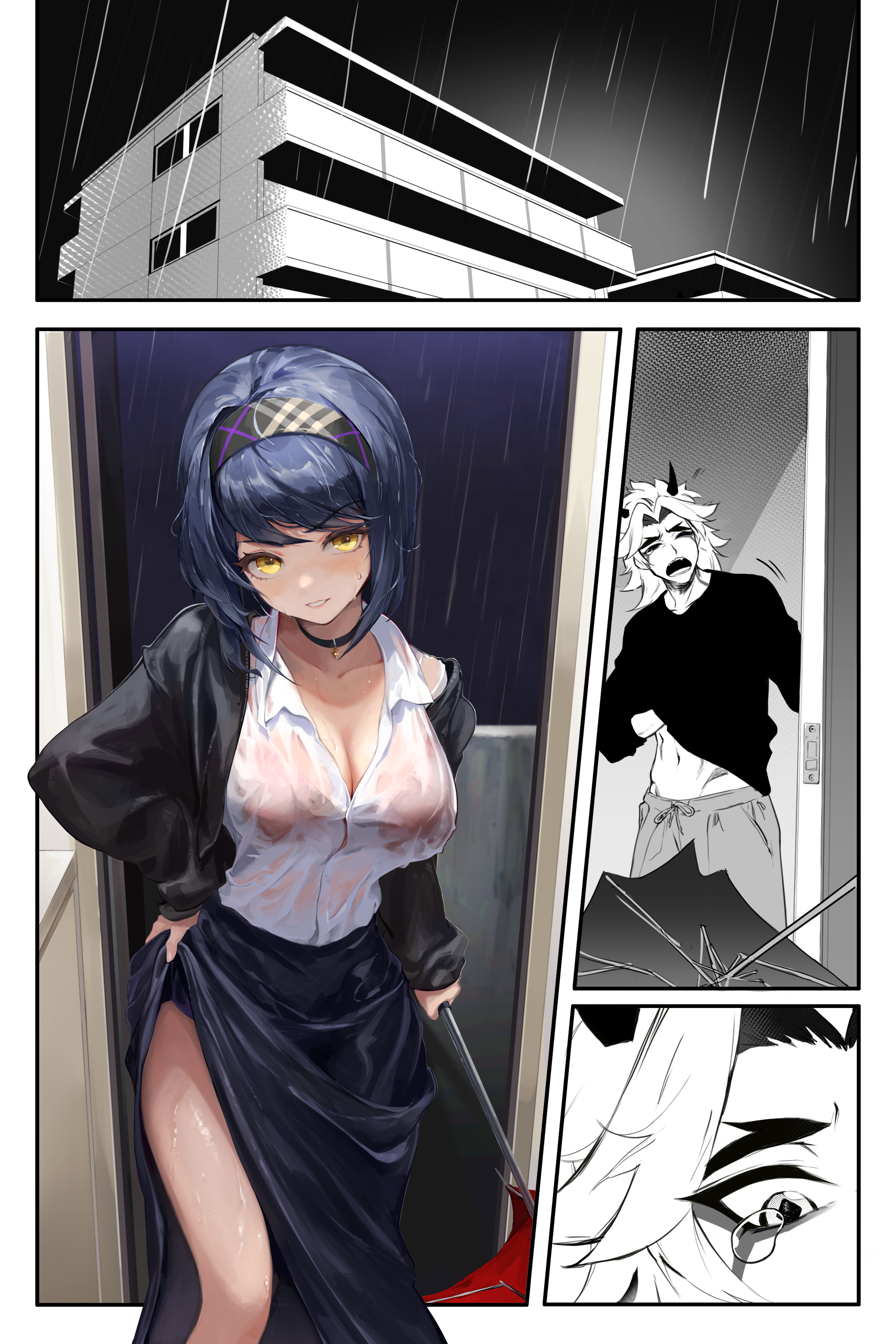 1boy, 1girls, arataki itto, bangs, big breasts, blue hair, breasts, female, female focus, genshin impact, hi res, kujou sara, large breasts, lifting skirt, male, rain, raining, see-through, see-through clothing, skirt lift, sleepy, tengu, very high resolution, wet, wet clothes, wet skin, yellow eyes