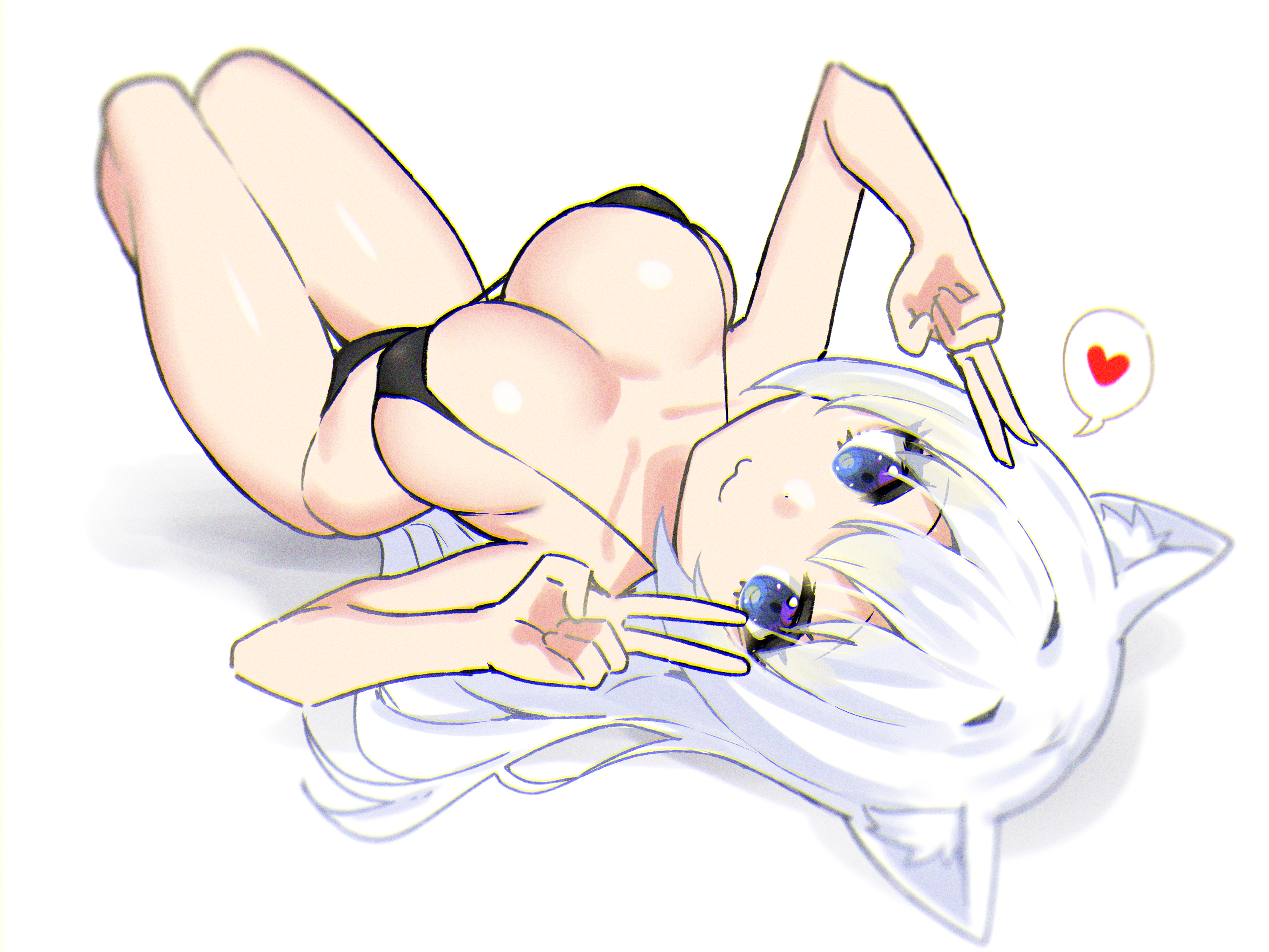 :3, 1girls, 2022, absurd res, animal ear fluff, animal ears, bikini, black bikini, breasts, cat ears, cat girl, catgirl, cleavage, double v, eyebrows visible through hair, female, female only, full body, heart, highres, large breasts, long hair, looking at viewer, lying, on back, original, simple background, sky (freedom), solo, speech bubble, spoken heart, string bikini, swimsuit, thigh gap, thighs, v, white background, white hair