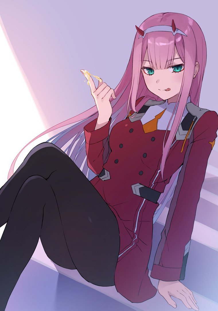 clothing, cute, darling in the franxx, female, green eyes, honey, horns, looking at viewer, pantyhose, pink hair, smiling, smiling at viewer, tagme, zero two (darling in the franxx)