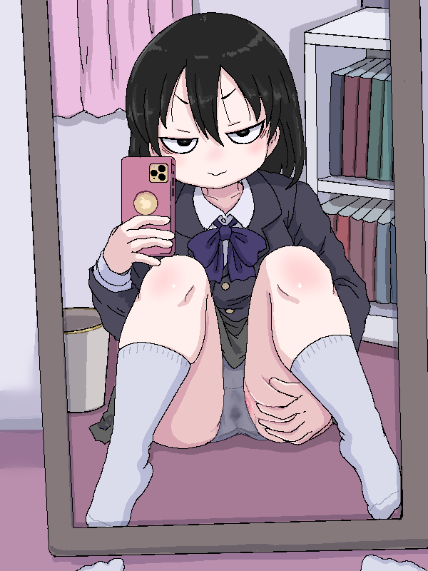 black_eyes black_hair book bookshelf cellphone commentary curtains female fukuro_(fxxk_law) grey_panties grey_skirt grey_socks holding holding_phone jacket medium_hair mirror original panties phone pussy pussy_juice_stain pussy_peek reflection school_uniform selfie skirt smartphone smile socks solo symbol-only_commentary trash_can underwear v-shaped_eyebrows