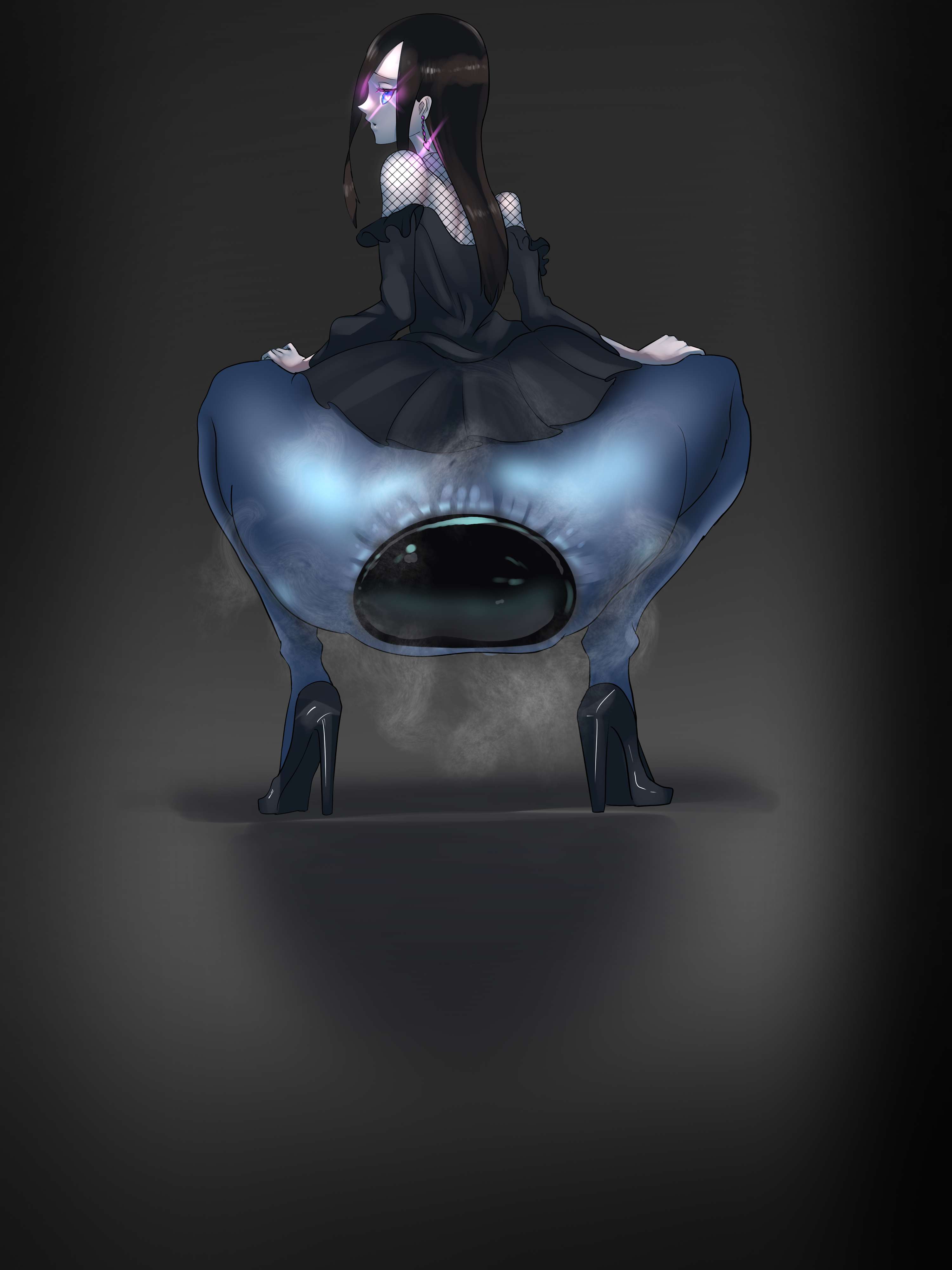 1girls, anal, anal plug, anal through clothes, ass, ass focus, big ass, big butt, black hair, blue eyes, buttplug, clothed masturbation, dildo, dildo in ass, female, female only, heart-shaped pupils, heels, huge ass, huge buttplug, pants, pon (artist), sex toy, solo