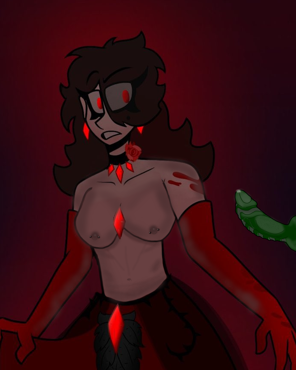 1boy 1girls artist big_breasts big_penis blood_stain briana_exe cleavage collar confused copyright_request dark_hair demon_cock female green_cock hairy_balls half-dressed jewelry long_gloves long_hair male nipple_piercing nipples oc precum precum_drip red_gloves rose rose_(flower) screenshot_edit