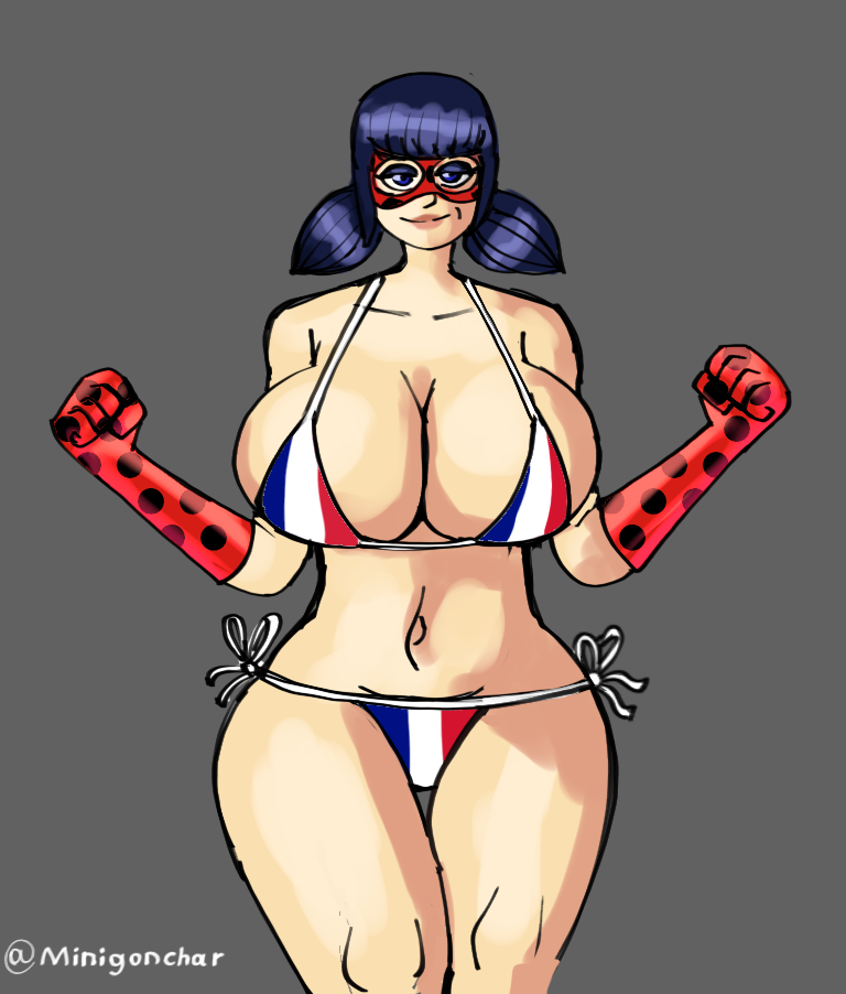 1girls 2d alternate_breast_size bikini color curvy female female_only flag_bikini france french french_flag huge_breasts marinette_cheng marinette_dupain-cheng minigonchar miraculous_ladybug solo thick_thighs voluptuous wide_hips