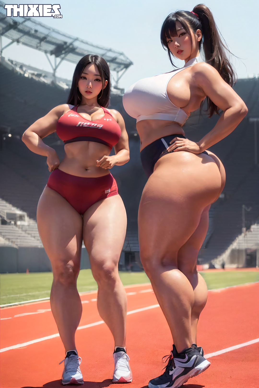 2girls, ai generated, asian, ass, big breasts, bimbo, bimbo body, breasts, bubble ass, bubble butt, child bearing hips, curvaceous, curvy, curvy figure, female, gym uniform, hourglass figure, huge ass, huge breasts, light skin, light-skinned female, pale skin, pale-skinned female, slanted eyes, sportswear, thick thighs, thighs, thixies, tight clothing, voluptuous, voluptuous female, wide hips