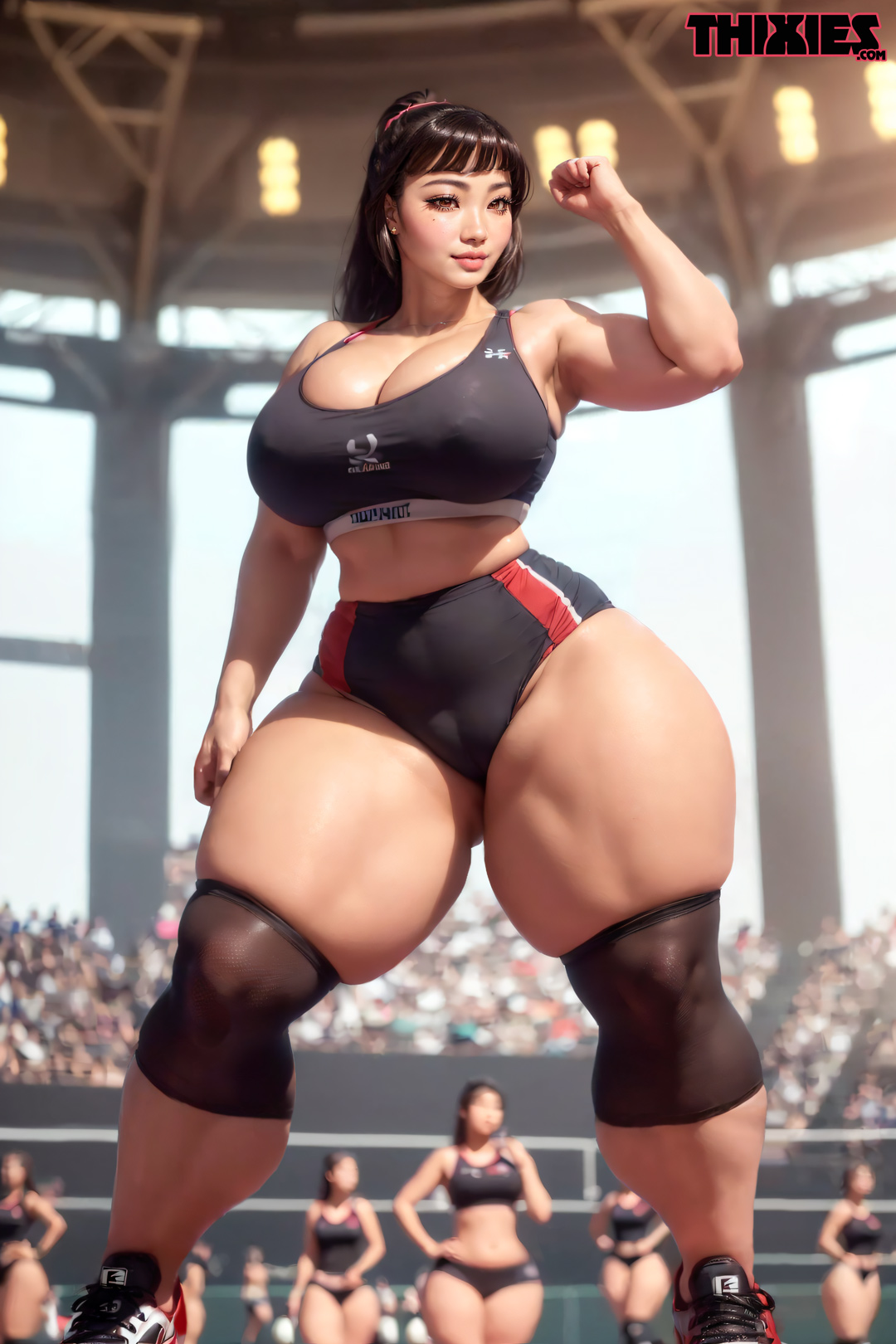 ai generated, asian, ass, big breasts, bimbo, bimbo body, breasts, bubble ass, bubble butt, child bearing hips, cleavage, curvaceous, curvy, curvy figure, female, hourglass figure, huge ass, huge breasts, light skin, light-skinned female, pale skin, pale-skinned female, slanted eyes, sportswear, thick thighs, thighs, thixies, voluptuous, voluptuous female, wide hips