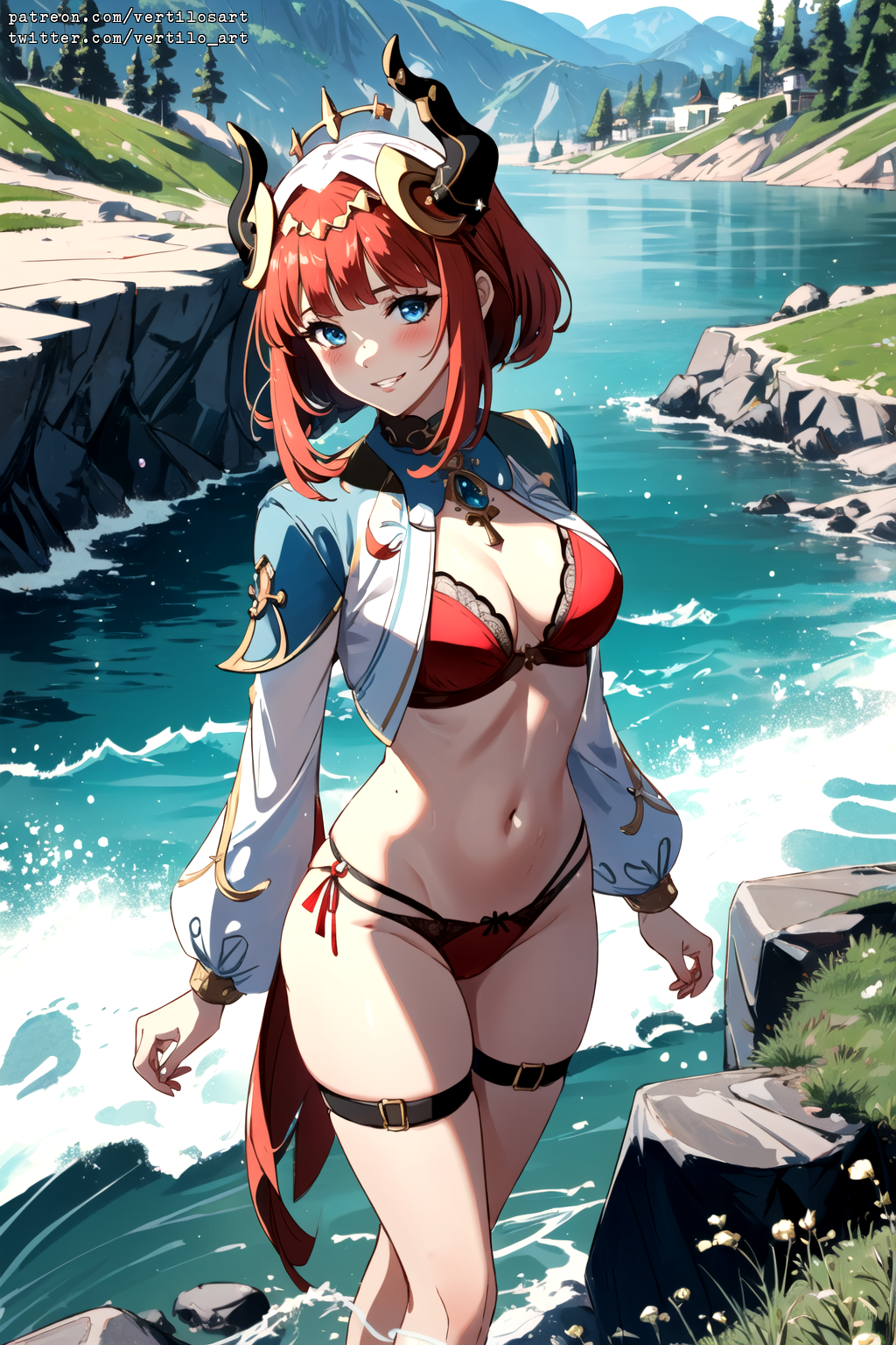 1girls, ai generated, female, female only, genshin impact, nilou (genshin impact), red lingerie, tagme, vertiloart