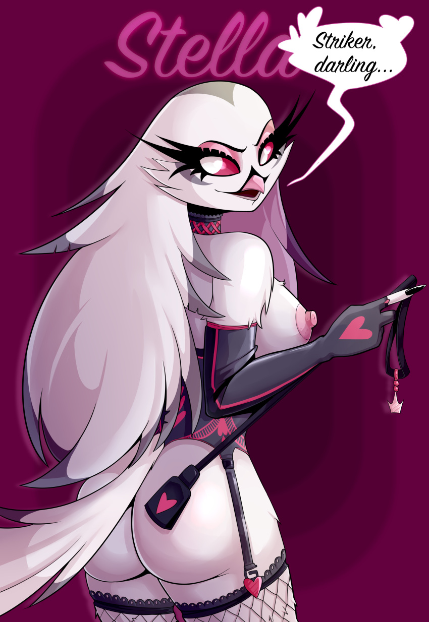 avian avian_demon beak bird black_nails breasts clothing colored_nails demon eyelashes feathers female fur hair helluva_boss lingerie long_hair malkytea mature_anthro mature_female milf nail_polish nails nipples owl owl_demon pink_sclera solo stella_(helluva_boss) tail_feathers white_body white_eyes white_feathers white_fur