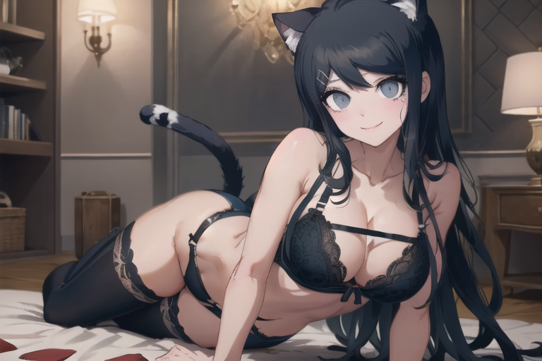ai generated, big breasts, bra, breasts, cat ears, cat tail, cleavage, danganronpa, danganronpa: trigger happy havoc, female, lingerie, lying, lying on bed, lying on stomach, maizono sayaka, makoto11037, midriff, panties, smile, stable diffusion, thigh socks, thighhighs
