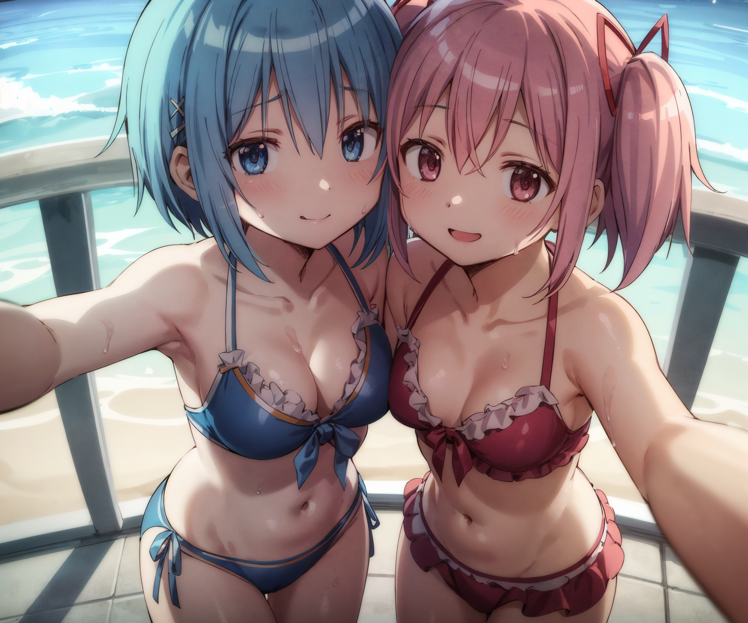 2girls, ai generated, beach, bikini, blue eyes, blue hair, breasts, cute, female, holding phone, looking at viewer, madoka kaname, magical girl, mahou shoujo madoka magica, medium breasts, miki sayaka, ocean, ocean background, pink eyes, pink hair, pink ribbon, puella magi madoka magica, ribbon, ribbons, selfie, short hair, slim female, slim waist, small breasts, stable diffusion, twintails