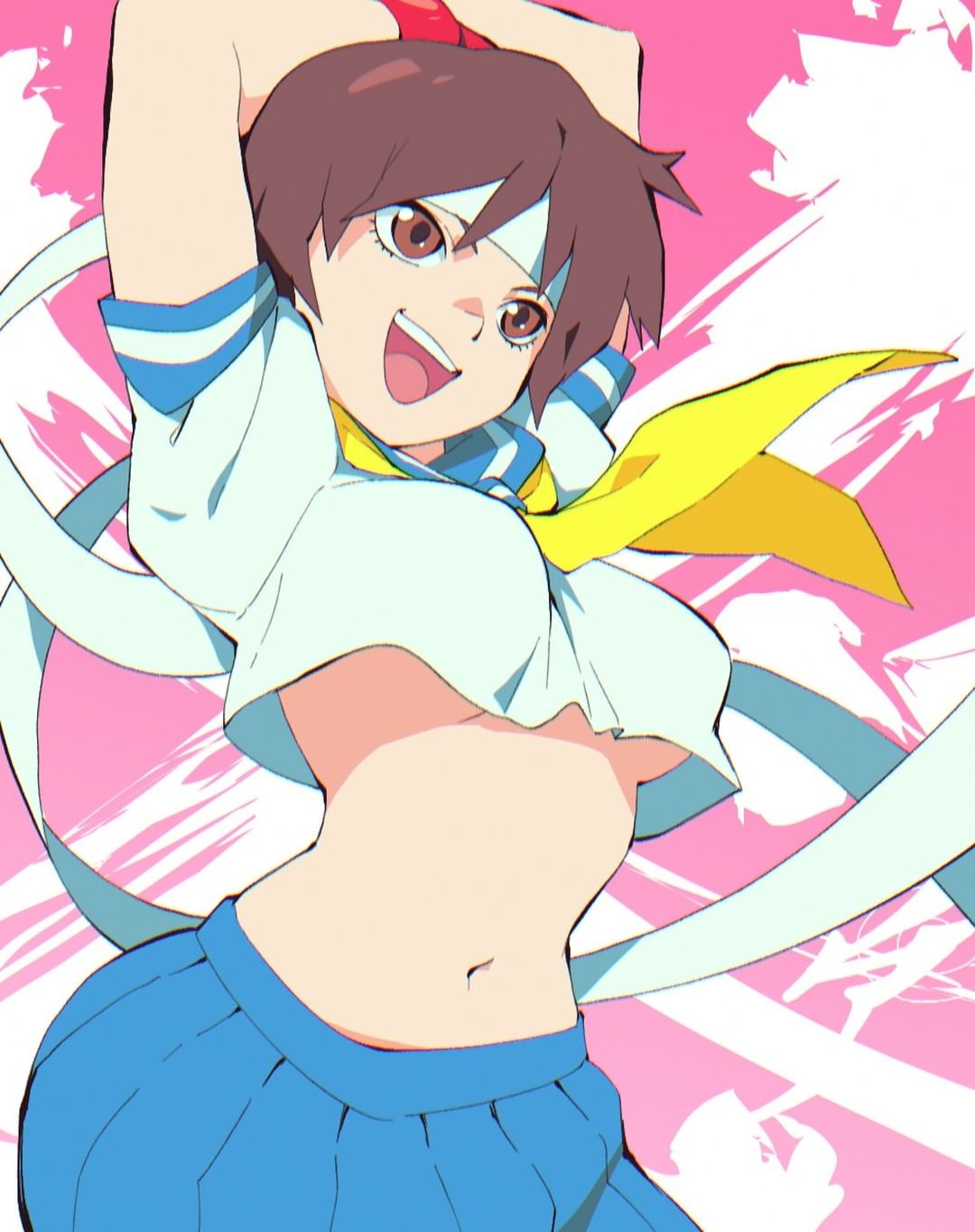 1girls 
headband aetherion_art arms_up bandana belly_button big_breasts brown_eyes brown_hair clothing midriff no_bra sakura_kasugano school_uniform schoolgirl short_hair skirt smile smiling solo street_fighter underboob