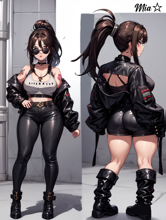 ai_generated black_boots black_clothing brown_hair jacket ponytail short_pants sunglasses tall tattoos unzipped