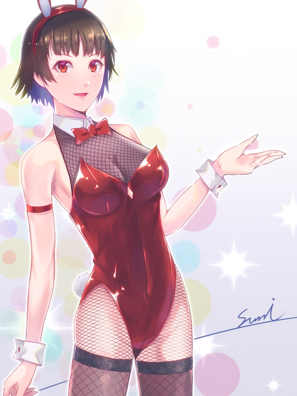 big_breasts bowtie breasts bunny_ears bunnysuit cleavage corner50777313 female female_only fishnet_stockings fully_clothed looking_at_viewer makoto_niijima megami_tensei persona persona_5 revealing_clothes shiny_clothes skimpy_clothes stockings tight_clothing white_background