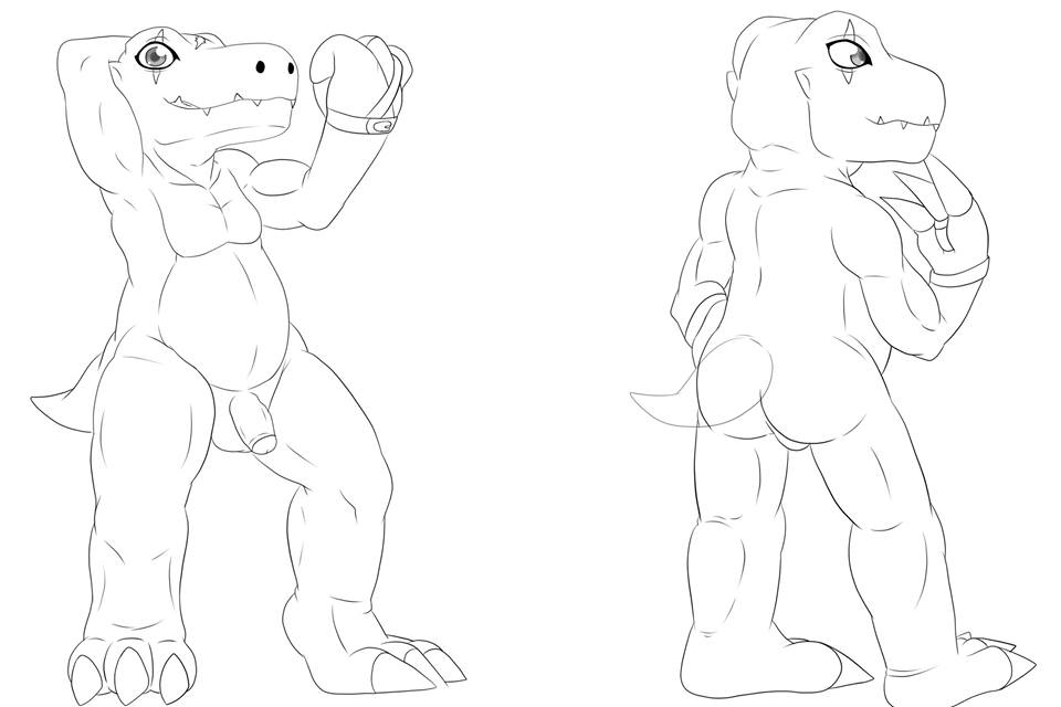 agumon back_view backsack balls chubby circumcised collage digimon dinosaur flaccid flexing front_view heibanhikaru leather_straps line_art male male_only monochrome musclegut muscles nude pecs penis pose scalie scar solo standing