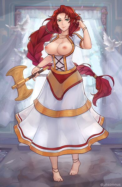 axe barefoot battle_axe braid braided_hair breastless_clothes breastless_clothing breasts breasts_out casual_nudity dress fire_emblem fire_emblem:_path_of_radiance fire_emblem:_radiant_dawn fire_emblem_heroes green_eyes milf minoan nonsexual_nudity red_hair titania_(fire_emblem) titania_(valentine)_(fire_emblem) topless_dress unsomnus window