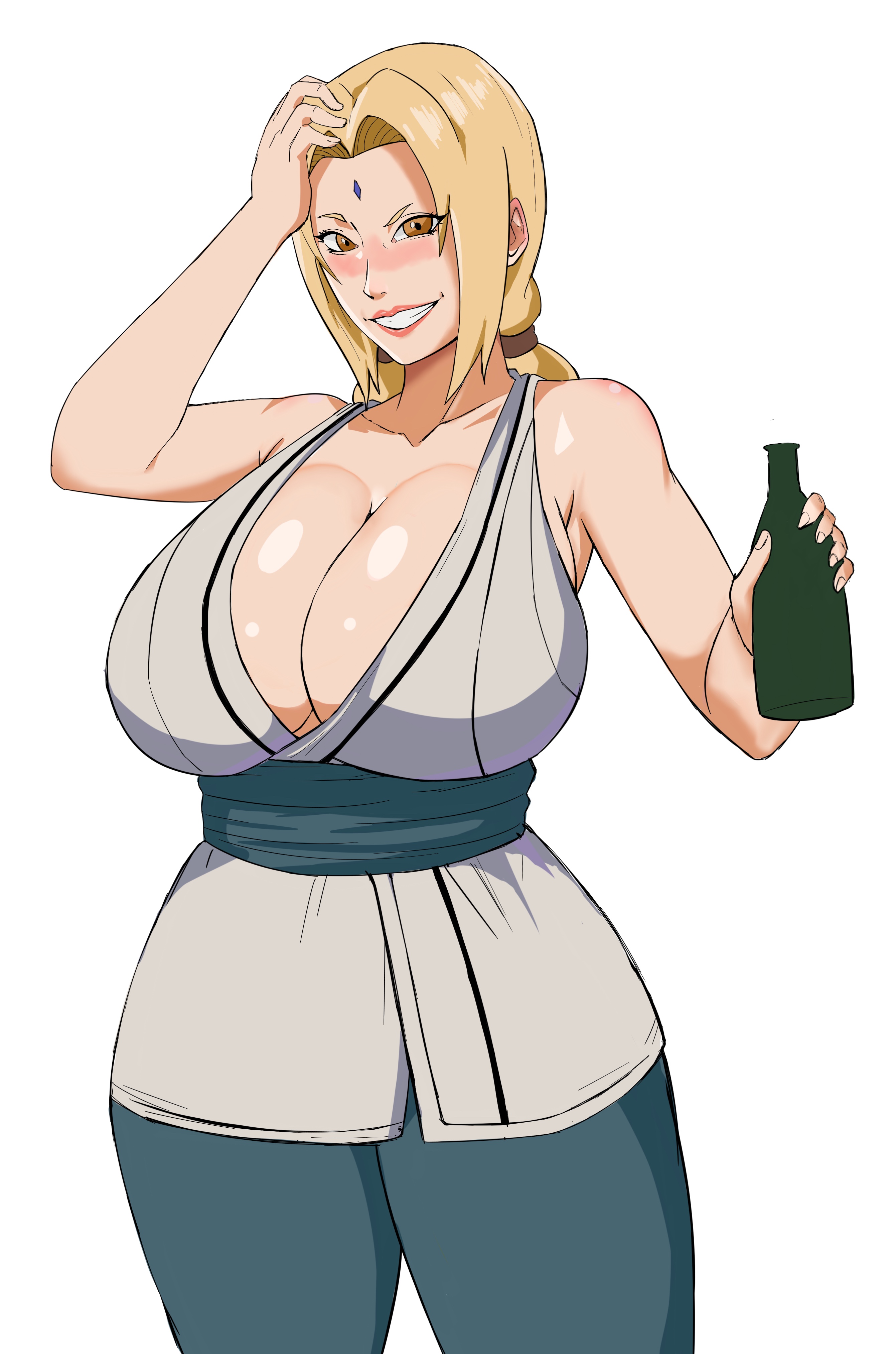 1girls, absurd res, big breasts, blonde hair, blush, bottle, bottomwear, breasts, brown eyes, cleavage, clothing, drunk, female, female only, forehead jewel, hair, hi res, holding object, huge breasts, large breasts, lips, looking at viewer, mature, milf, naruto, naruto (series), panarandom, shounen jump, simple background, smile, solo, topwear, tsunade, white background
