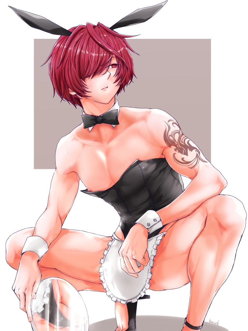 1boy animal_ears apron apron_bulge arm_tattoo bow bowtie bulge bunny_boy bunny_ears crossdressing fake_animal_ears fate_(series) femboy fuuma_kotarou_(fate) hair_over_one_eye high_heels highres kamenakake kamenakaoji looking_to_the_side male male_focus male_only male_playboy_bunny mirror muscular_femboy nipple_slip nipples nipples_visible_through_clothing one_eye_covered playboy_bunny rabbit_ears red_eyes red_hair reflection short_hair shoulder_tattoo simple_background solo solo_focus solo_male squatting tattoo testicle_peek testicles toned toned_male trap white_background wristband yaoi