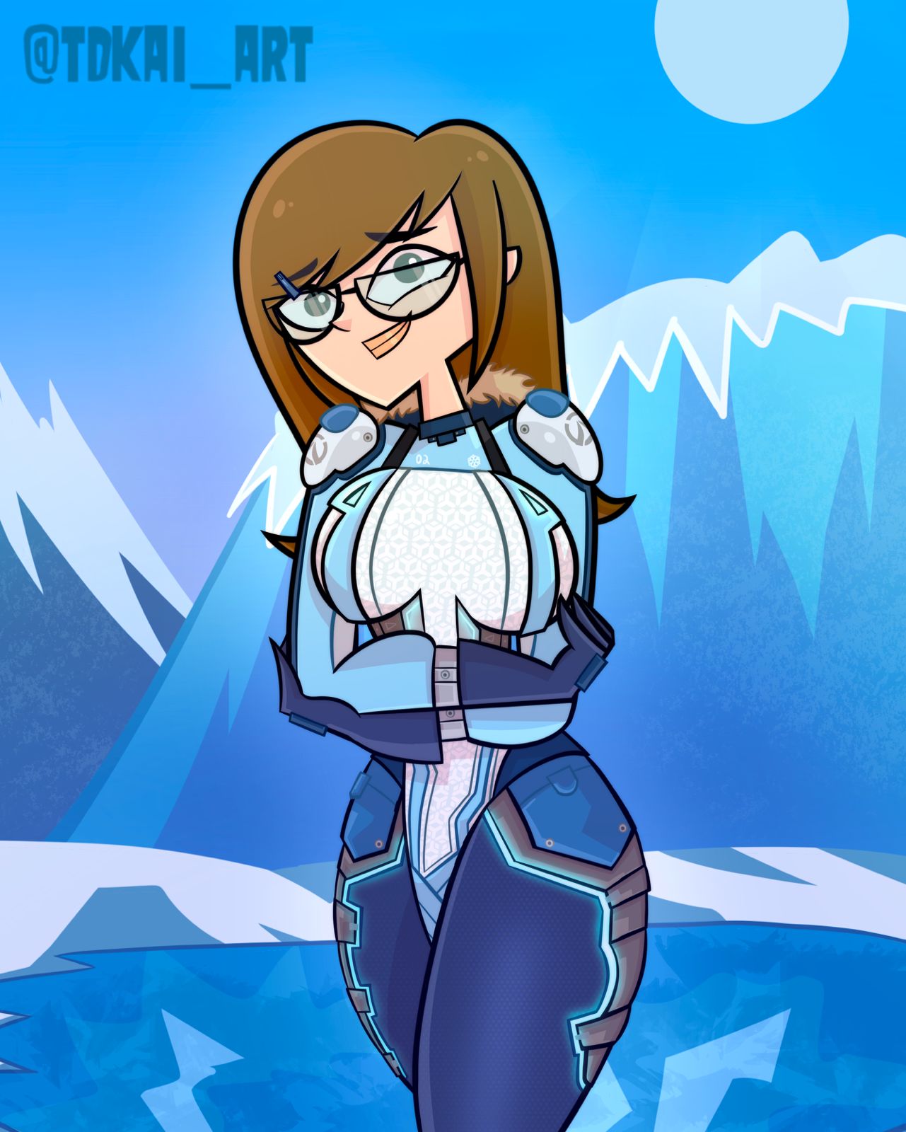 ally_(disventure_camp) big_breasts blue_eyes breasts brown_hair disventure_camp female female_only glasses green_eyes hips huge_breasts ice large_breasts latex_suit looking_at_viewer mei_(overwatch) mei_(overwatch)_(cosplay) odd_nation_cartoons open_eyes open_mouth overwatch pussy pussy_juice tdkai_art voluptuous voluptuous_female white_skin wide_hips