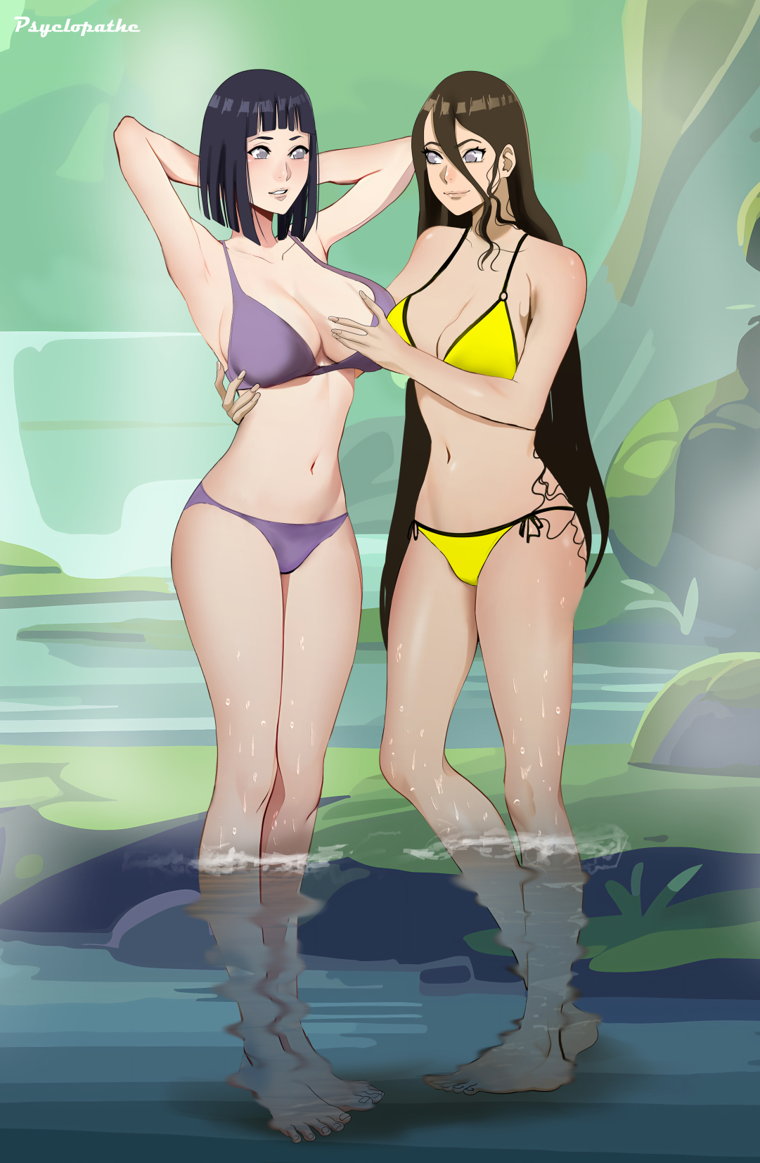 2girls, bikini, black hair, boruto: naruto next generations, breasts, brown hair, cleavage, female, female only, huge breasts, hyuuga hanabi, hyuuga hinata, long hair, medium hair, naruto, naruto (series), psyclopathe, silver eyes, sisters, standing in water, uzumaki hinata, voluptuous, waterfall, yuri