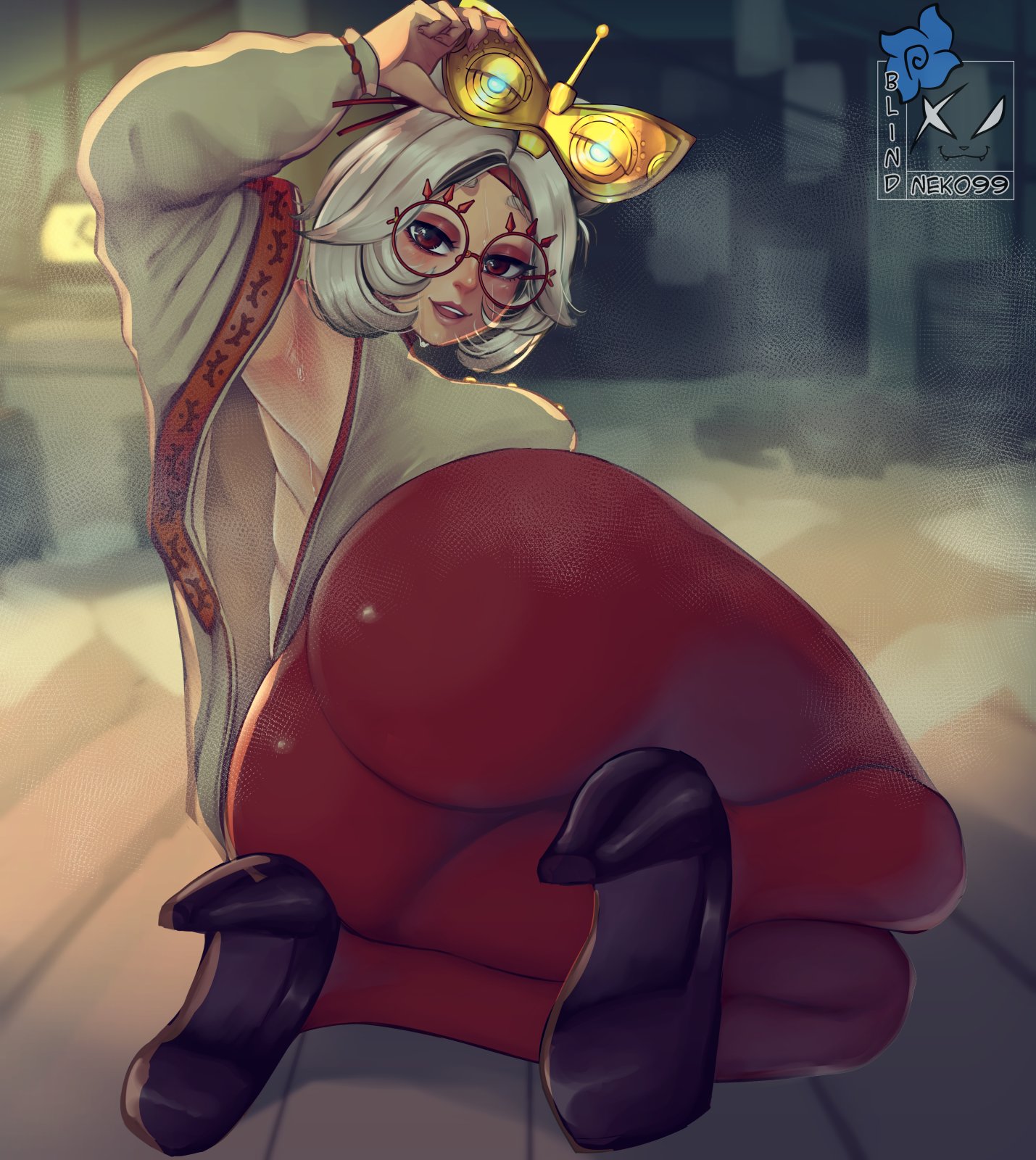 1girls, alternate version available, armpit, ass, ass focus, big ass, blindneko99, bottomwear, clothing, eyewear, female, female only, footwear, glasses, hair, hair ornament, heels, huge ass, lips, nintendo, pants, purah, purah (tears of the kingdom), red glasses, red pants, smile, solo, sweat, sweatdrop, tears of the kingdom, the legend of zelda, topwear, white hair